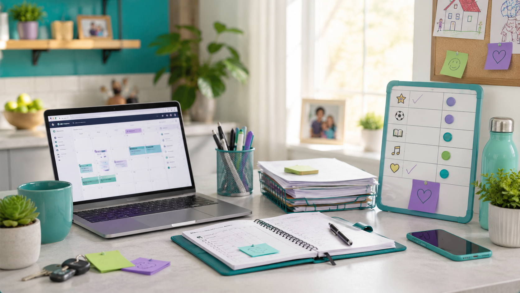 Organized home office workspace with laptop calendar, planner, family chore board, and household notes in teal and purple accents.