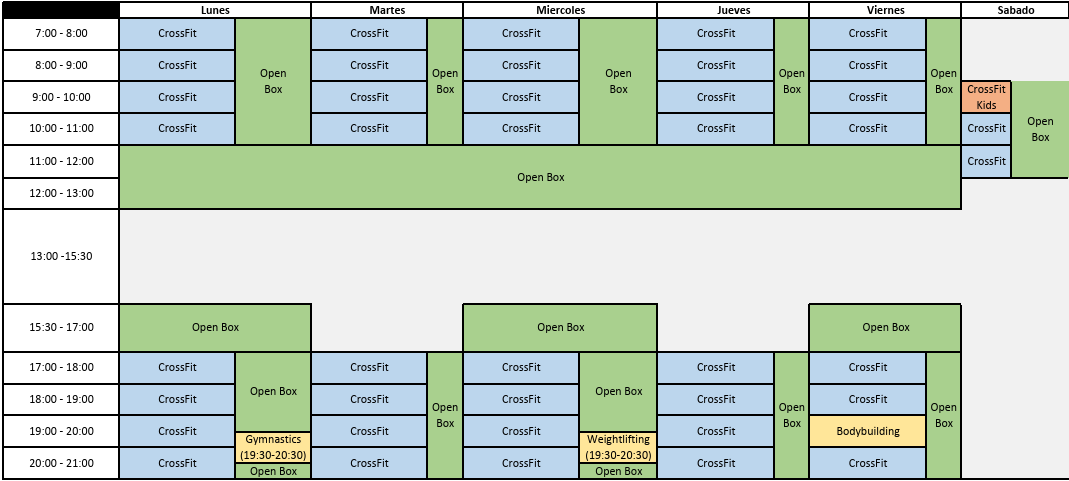 Weekly schedule grid featuring activities like CrossFit, Open Box, Gymnastics, Weightlifting, and Bodybuilding across weekdays, with color-coded blocks representing different activities and times.
