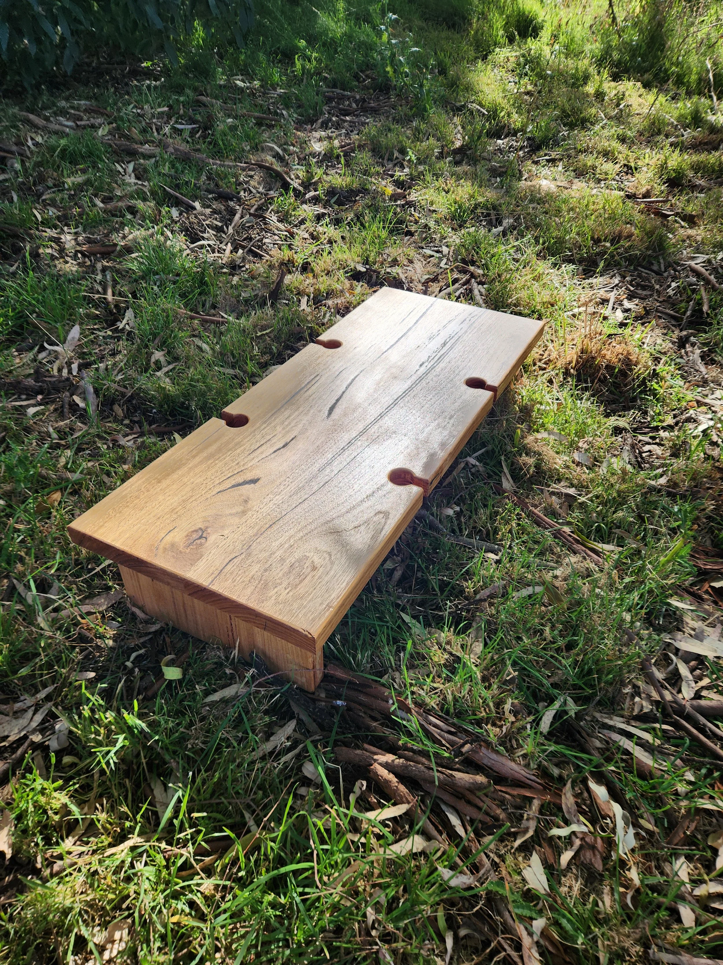 A wooden bench is on the ground in a grassy natural outdoor setting with patches of sunlight, leaves, and branches around.