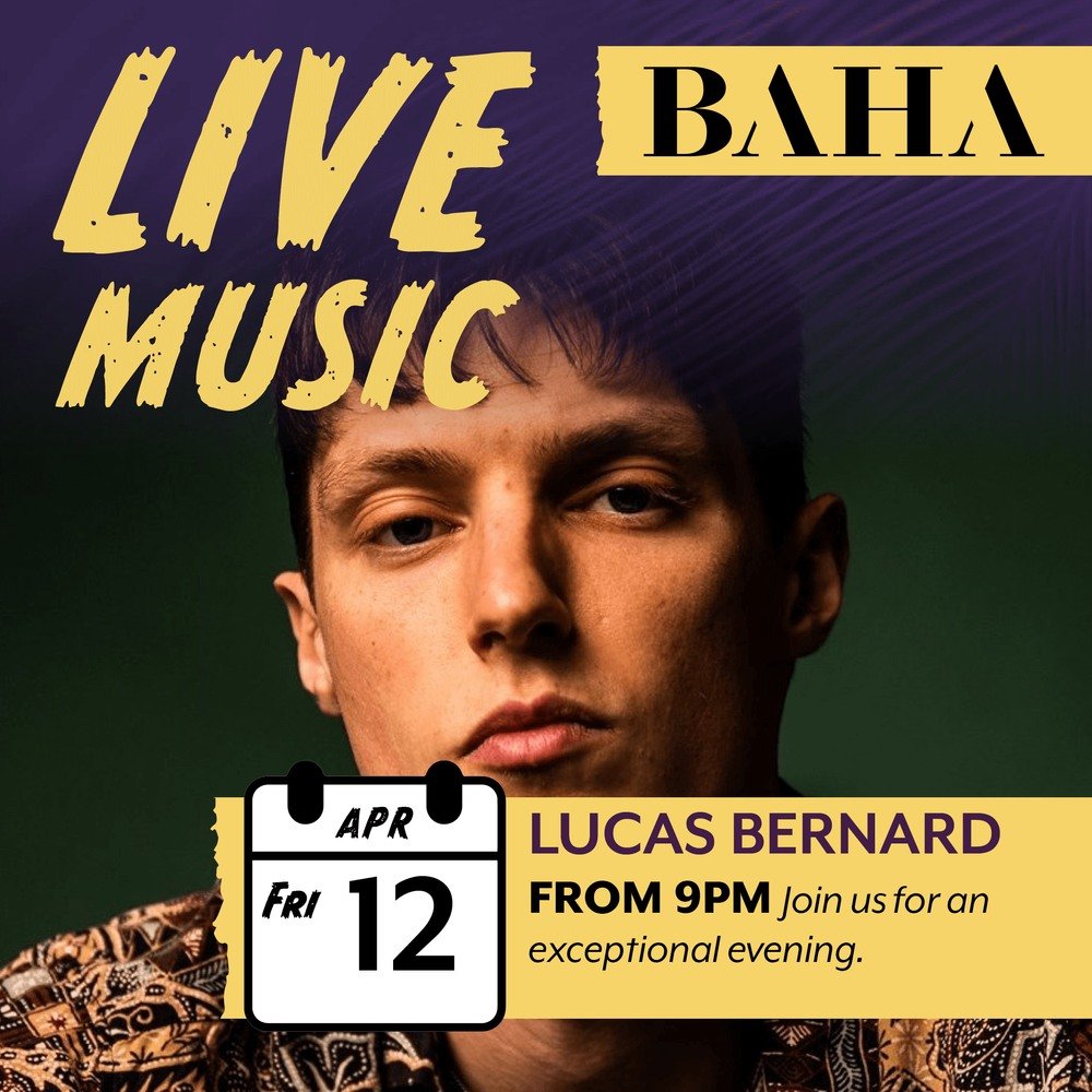 Get ready to experience the magic of live music at BAHA this weekend! 🎶 On Friday, April 12th at 9pm, join us for an exceptional performance by the talented Lucas Bernard, bringing you an unforgettable set of pop and rock melodies. You won't want to