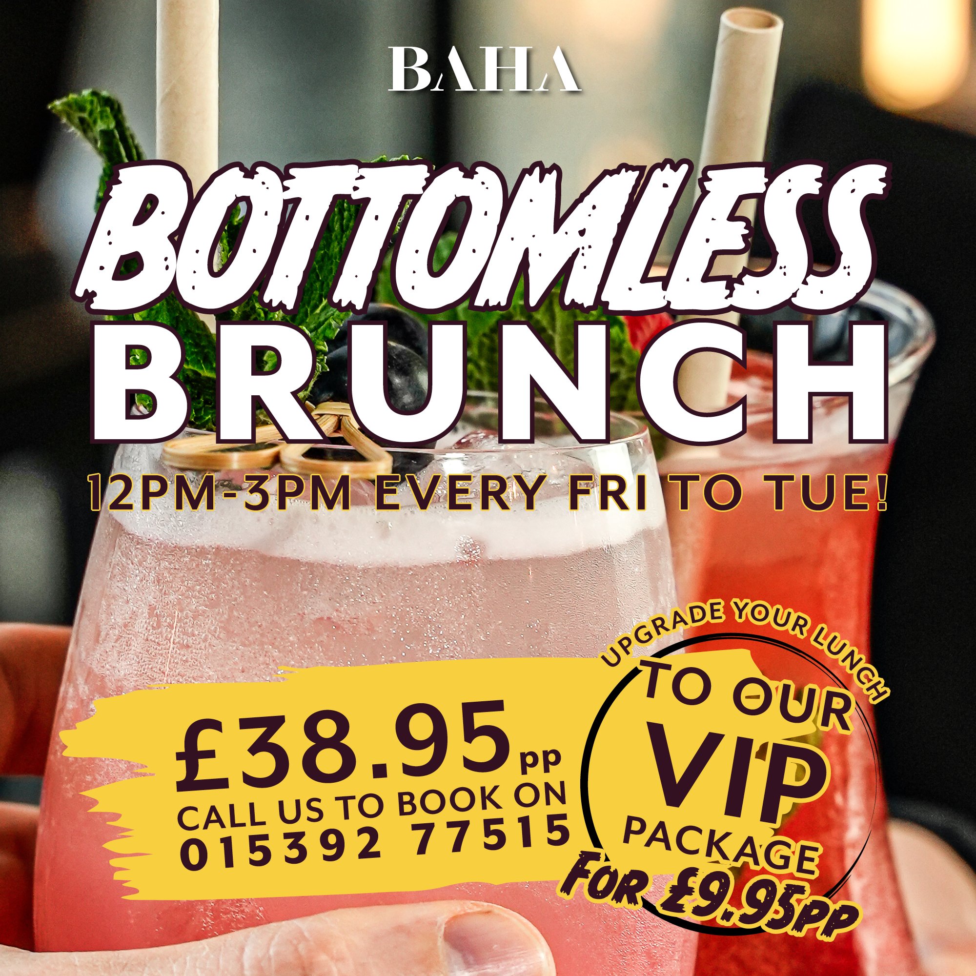 🍹✨ IMPORTANT Bottomless Brunch UPDATE! ✨🍳
Bottomless Brunch NOW Available Friday to Tuesday! 🌄

Sip on delightful cocktails and treat yourself to delicious food, all within 90 minutes of brunch bliss. 🍹🍽️ 

Tag us in your photos to share the bru