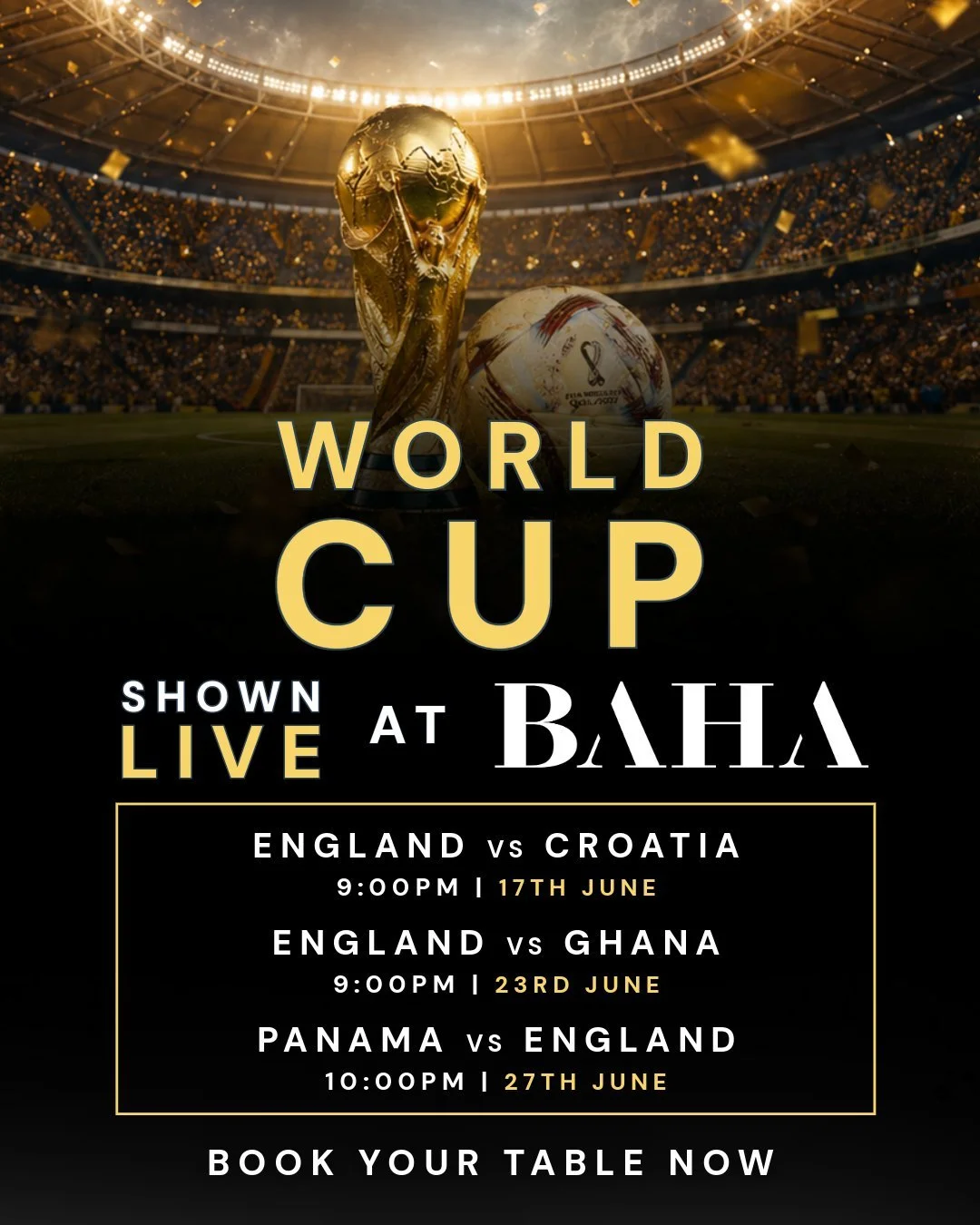 THE THREE LIONS ARE ON THE BIG SCREENS. 🏴󠁧󠁢󠁥󠁮󠁧󠁿⚽🔥

The wait is over. BAHA is your official home for every single England match during the FIFA World Cup 2026.

Experience the electric energy of the tournament live at BAHA. Settle into the vib