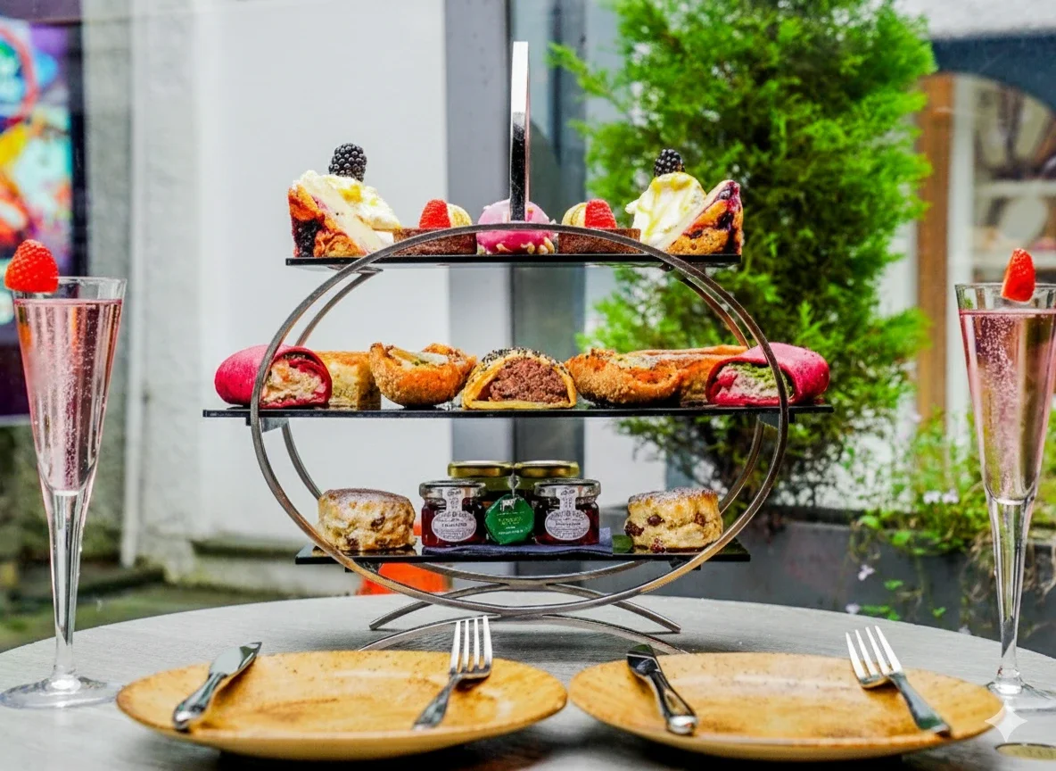 Luxury afternoon tea with a bottle of Laurent Perrier Cuvee Rose champagne