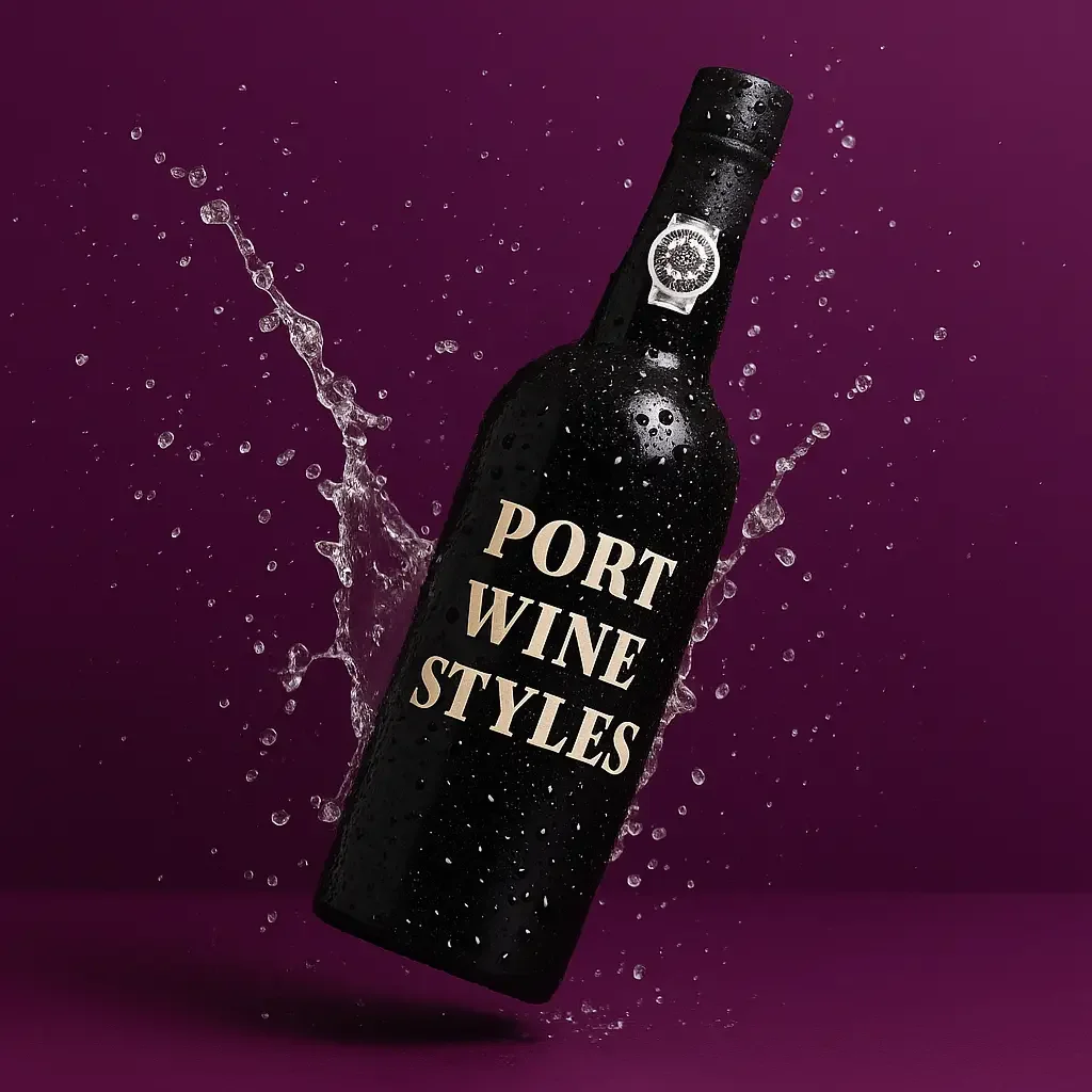 A black wine bottle labeled "Port Wine Styles" with water splashing around it against a purple background.