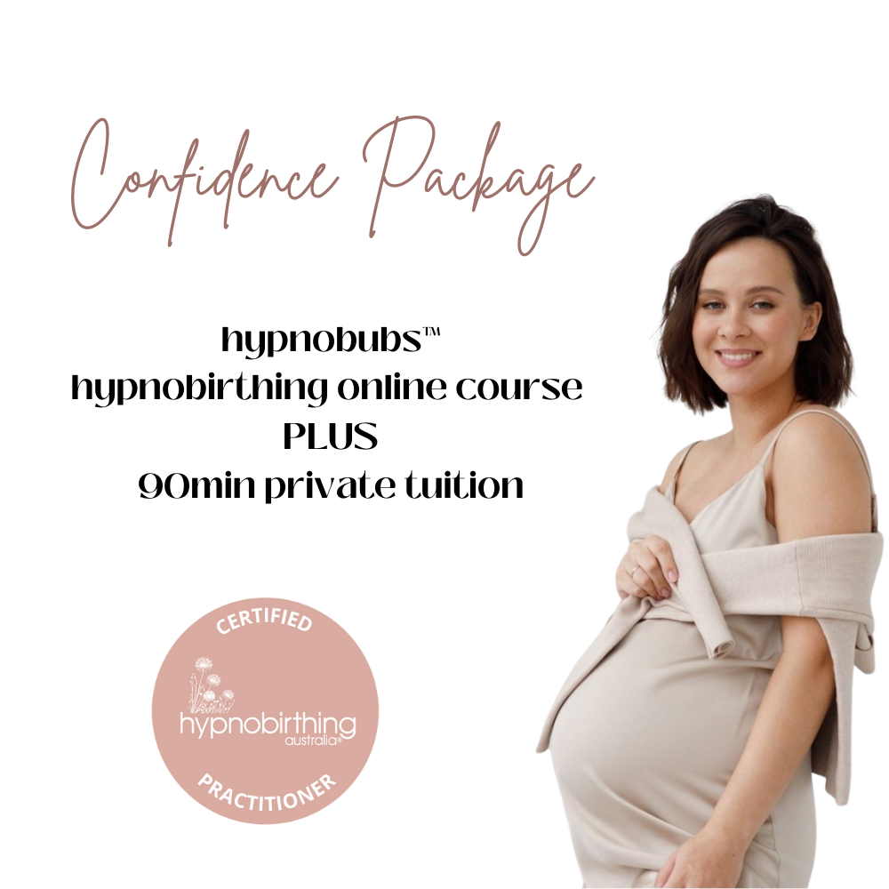 Text: Confidence package. hypnobubs. hypnobirthing online course plus 90min private tuition. Hypnobirthing Australia certified practitioner logo. Image: pregnant person wearing a beige dress. they have short dark hair and are smiling.