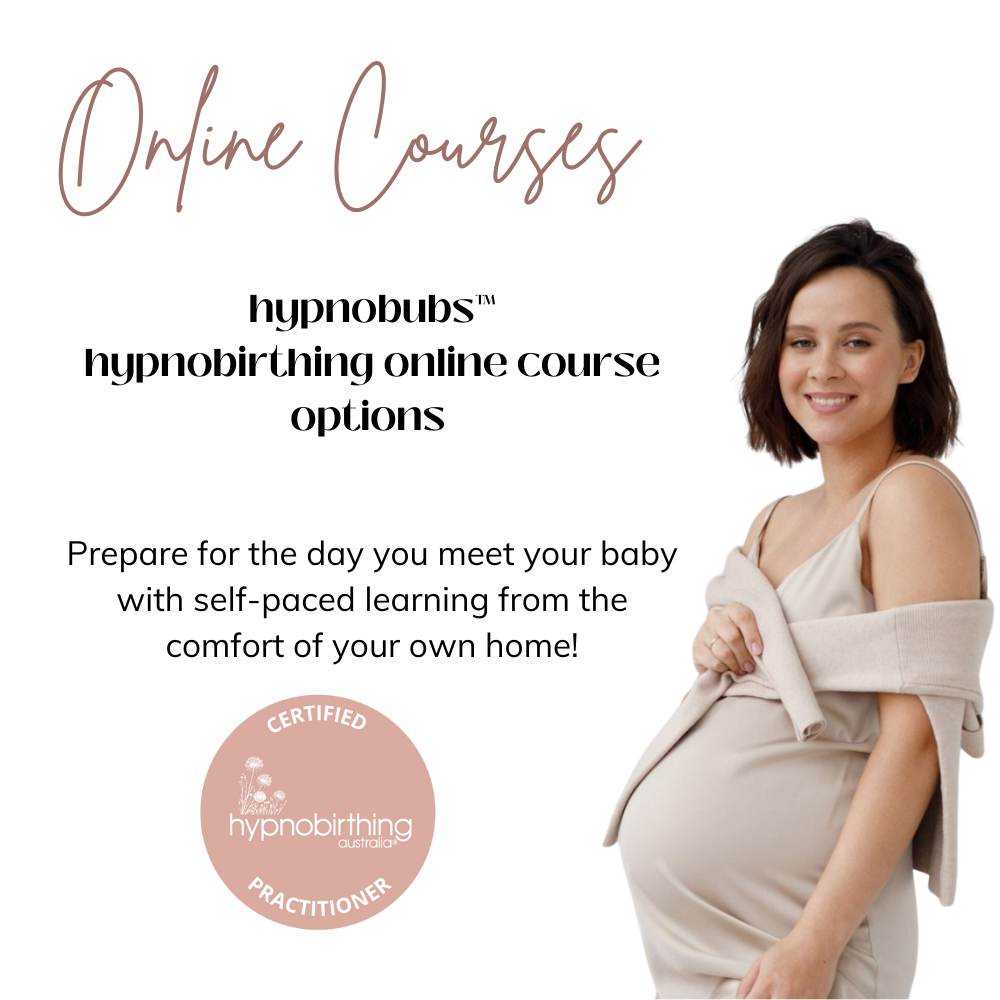 Pregnant person with short dark hair wearing a beige dress. Text: Online Courses. hypnobubs hypnobirthing online course options. Prepare for the day you meet your baby with self-paced learning from the comfort of your own home!