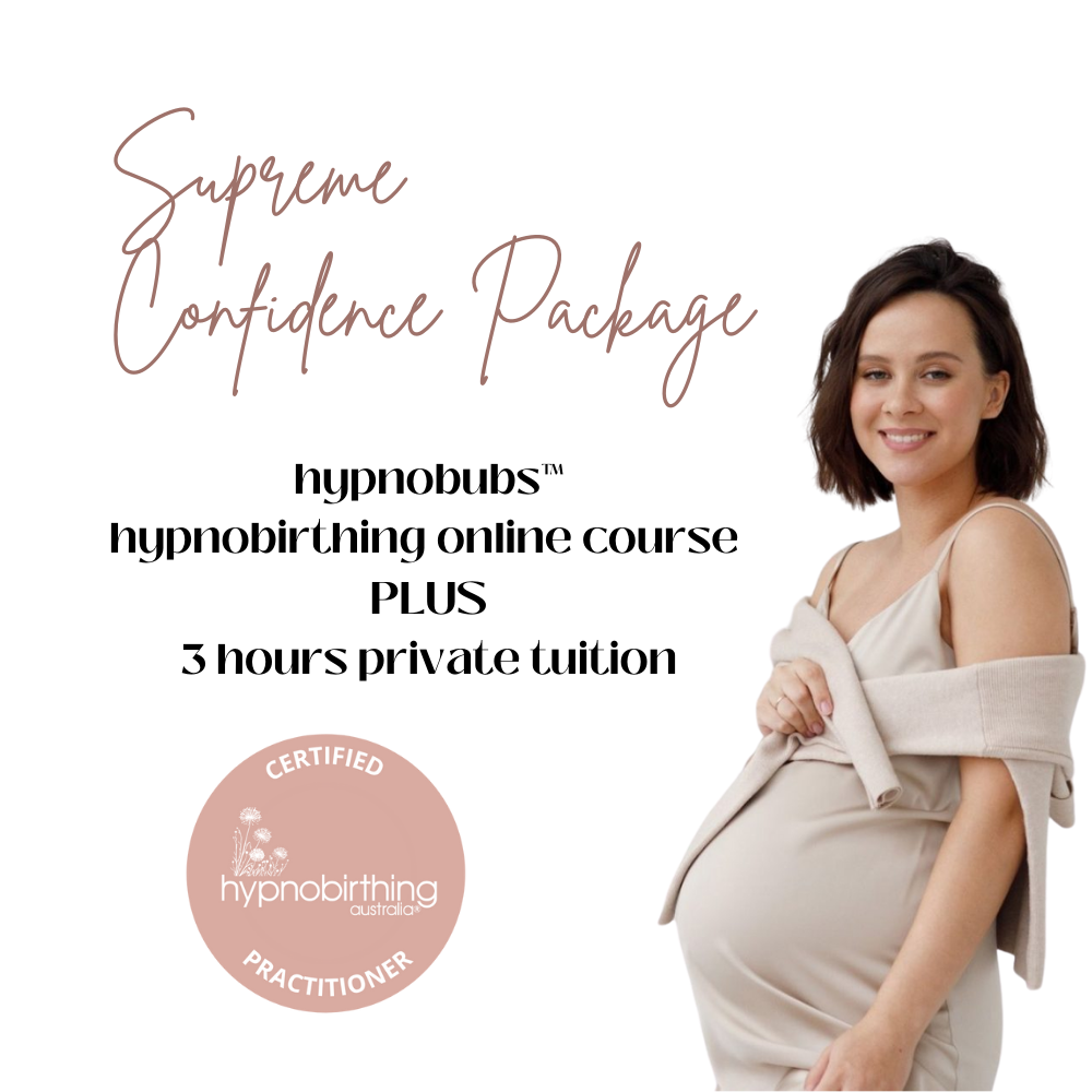 Text: Supreme Confidence Package. hypnobubs. hypnobirthing online course Plus 3hrs private tuition. hypnobirthing australia certified practitioner logo. Image: pregnant person with short dark hair wearing a beige dress, smiling at the camera.