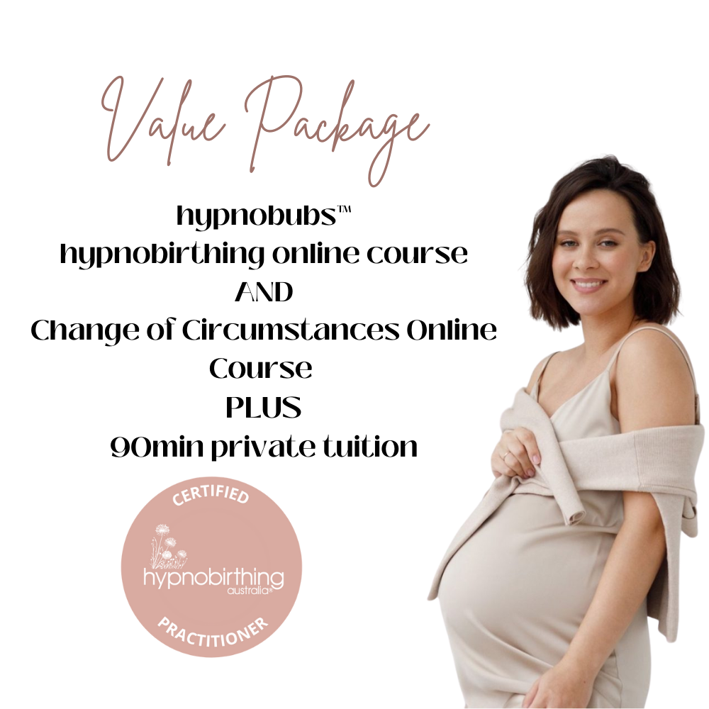 Text: value package. hypnobubs. includes hypnobirthing online course plus change of circumstances online course. Peace of mind. Image: Pregnant person wearing a beige dress. they are smiling and looking at the camera.