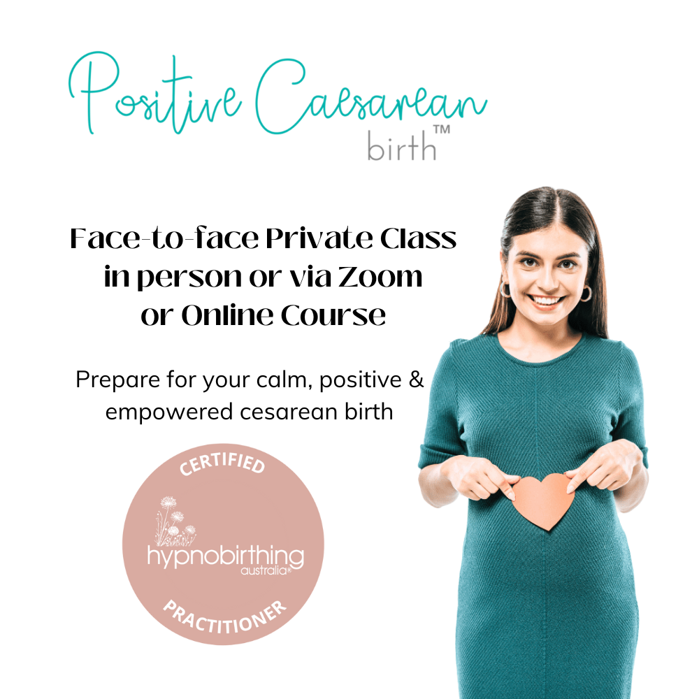 Pregnant person wearing a teal dress, holding a heart over their belly. Text: Positive Caesarean birth. Face to face private class in person or via Zoom, or online course. Prepare for your calm, positive & empowered cesarean birth. hypnobubs