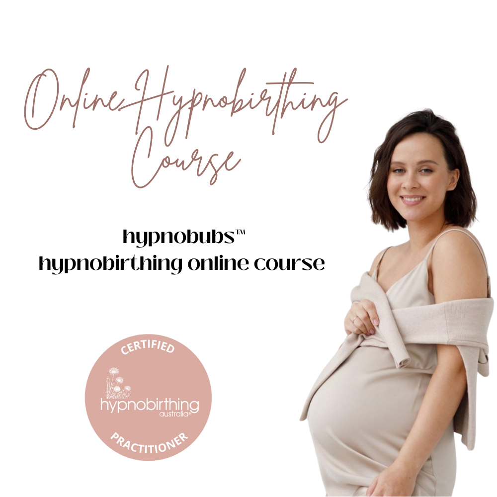 Background image of pregnant person's torso. they are wearing white and have their hands on their exposed belly. their partner has their arms around them, hands resting on their pregnant belly Text: Hypnobirthing Online Course hypnobubs. Most popular
