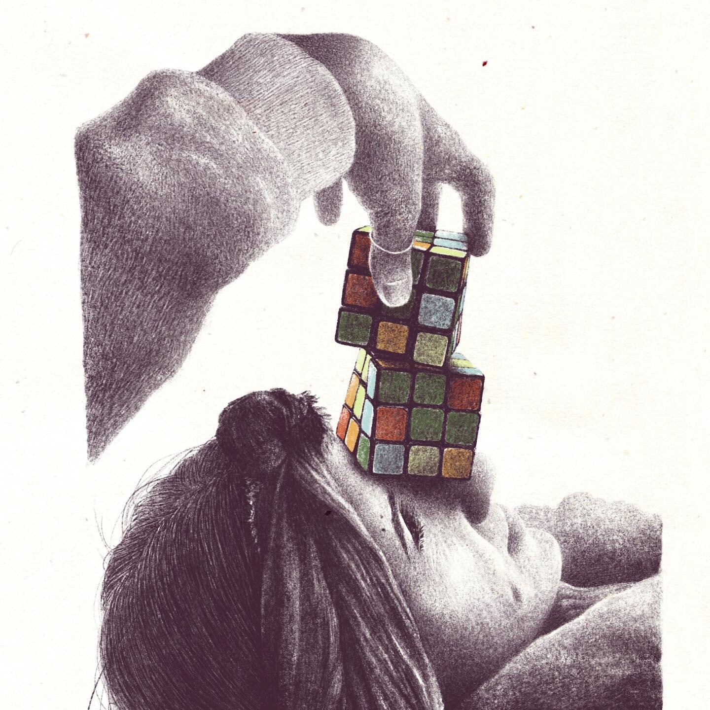 Zauberw&uuml;rfel
⊹
This is an oldie but some of you may have never seen it. It&rsquo;s part of a series of (except for these cubes) monochrome drawings I made some years ago. This one I drew at a time when the rubiks cube fever had overtaken a subst