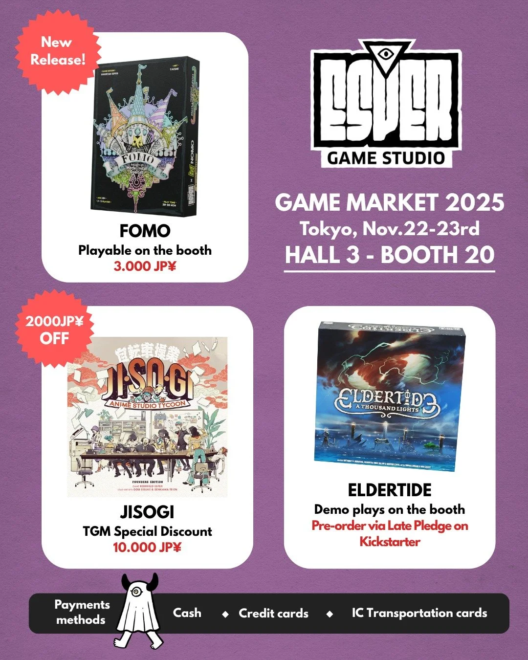 Come visit us at Game Market 2025 (Tokyo, Nov 22-23) at Hall 3 - Booth 20!

We're rocking a larger space this year, featuring three awesome titles!
🚨 FOMO: Our brand new game, playable at the booth!  
🎁 JISOGI: Available at an event special discoun