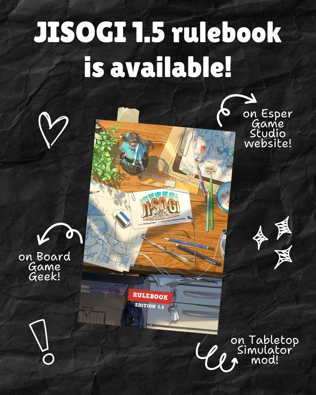 We&rsquo;re happy to announce that the final version of the JISOGI 1.5 rulebook is now available on our website, Board Game Geek, and Tabletop Simulator! 🥳
(It&rsquo;s also currently being printed at the factory!)

The Japanese version will be avail