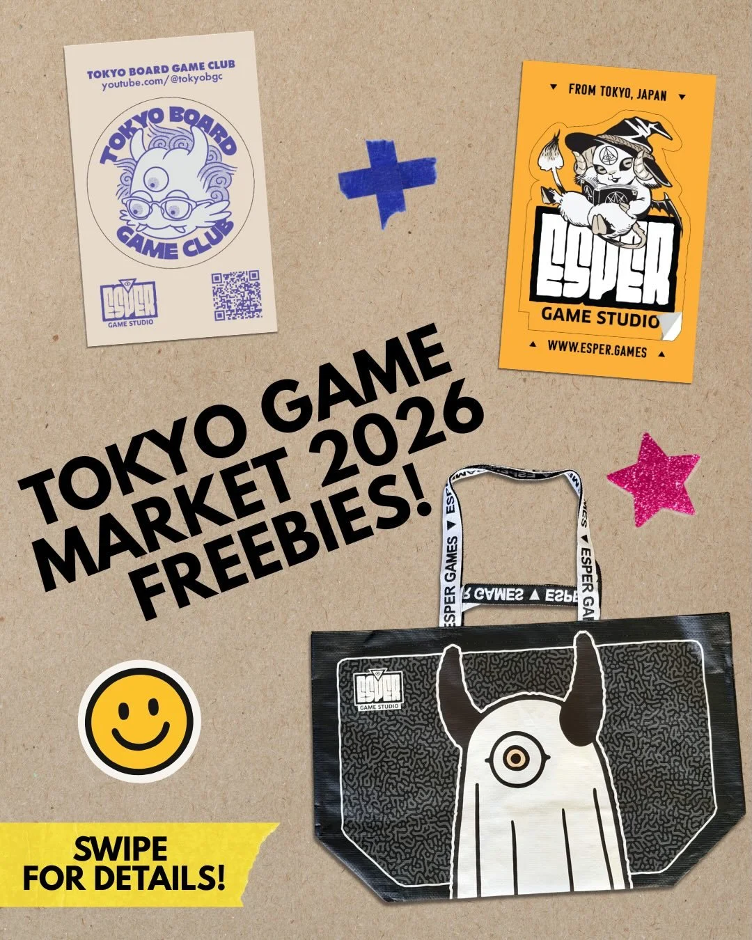 Freebies for everyone at Tokyo Game Market Spring 2026! 🎁
Stop by our booth located in Area 46 to grab stickers of Esper Game Studio and Tokyo Board Game Club.
Plus, every purchase comes with a large shoulder-strap shopping bag&mdash;perfect for car