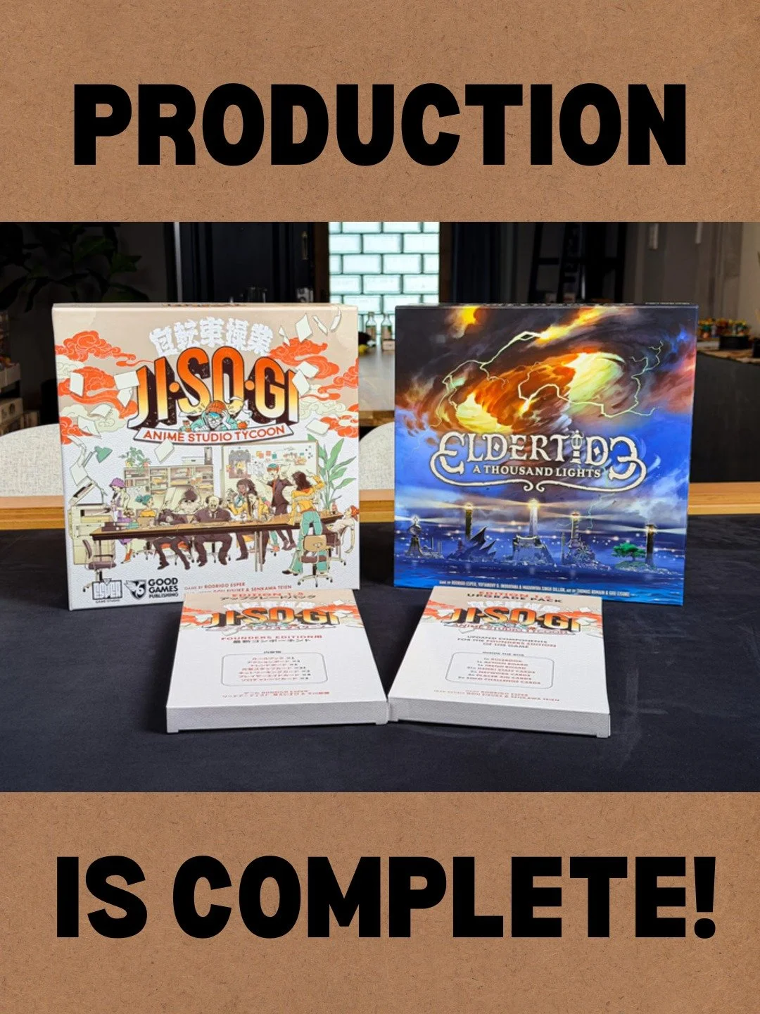 🎉 Production is complete! 🎉

First of all, a huge thank you to everyone for your incredible patience while we worked to lock down these dates!
We are so happy to report that production for all JISOGI 1.5 copies and Upgrade Packs is officially finis
