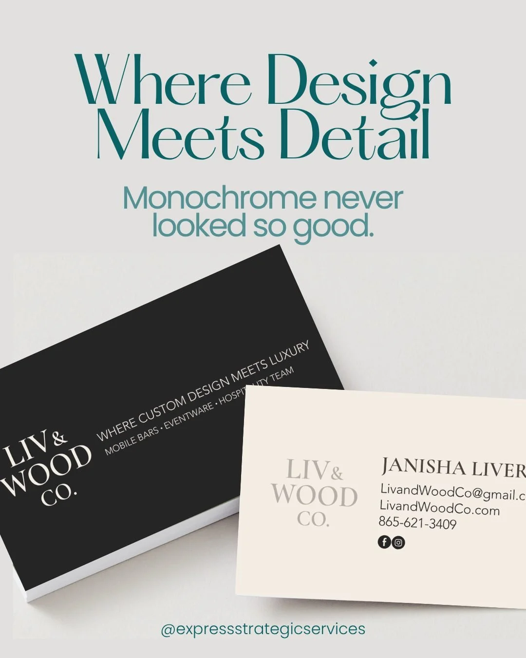 It&rsquo;s all in the details ✨ These monochromatic business cards bring Liv &amp; Wood, Co.&rsquo;s brand to life: where custom design meets luxury. We love how these sleek and timeless cards turned out. Let us know what you think in the comments be