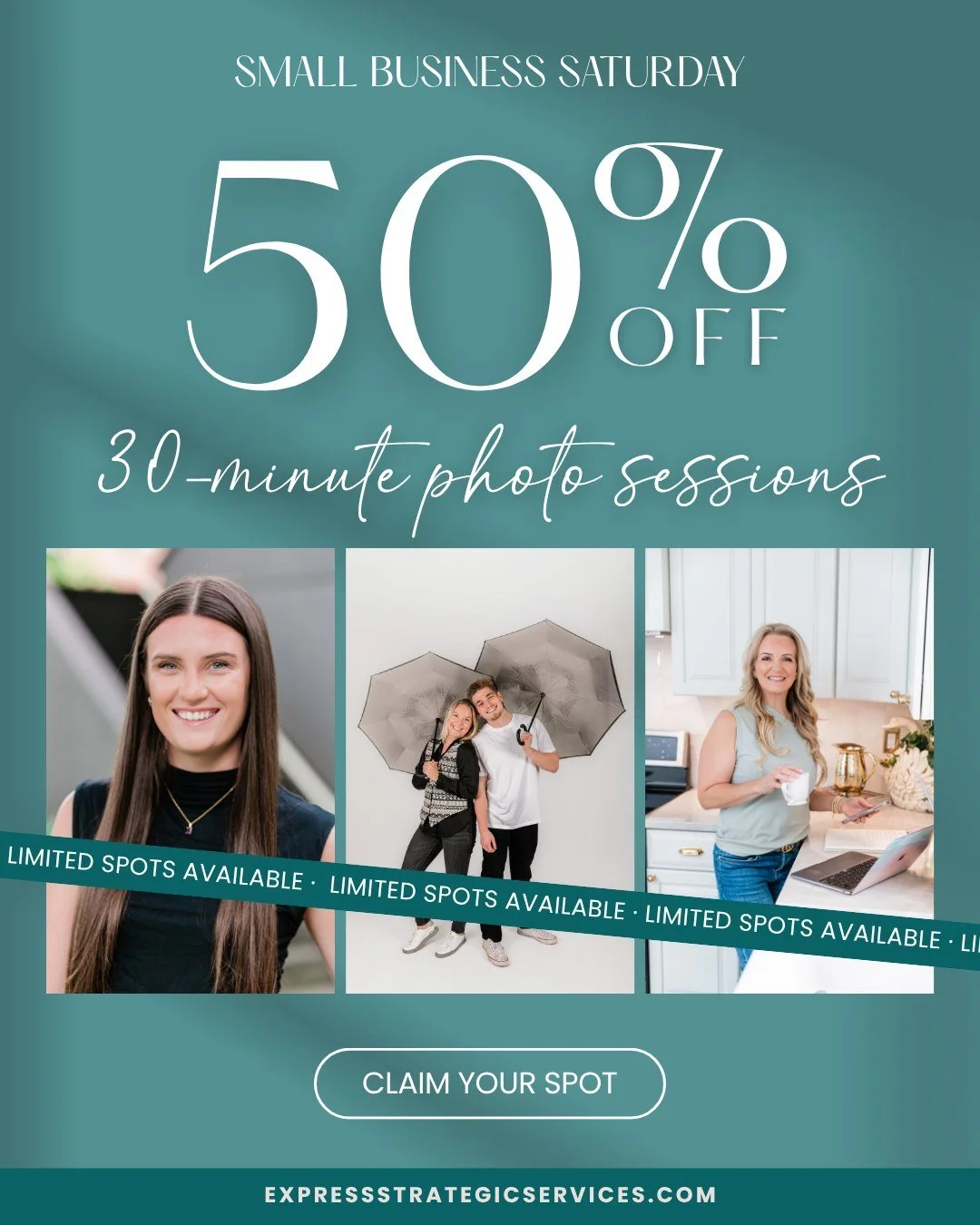 In celebration of Small Business Saturday, for TODAY only, we're offering 50% off a 30-minute photo session!
Whether you need fresh branding photos, updated headshots, or creative content for your business, now&rsquo;s the perfect time to book and sa