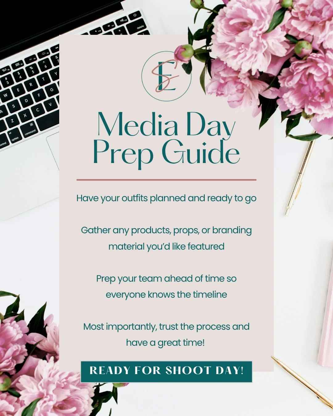Booked your media day, but not sure how to prepare? Here are a few tips we recommend to help every client feel confident, organized, and ready for shoot day!

- Have your outfits planned and ready to go
- Gather any products, props, or branding mater