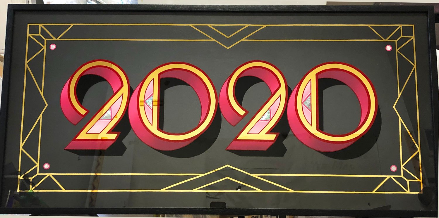 Art deco style "2020" text in red with gold outlines on a black background by Signs of Power.