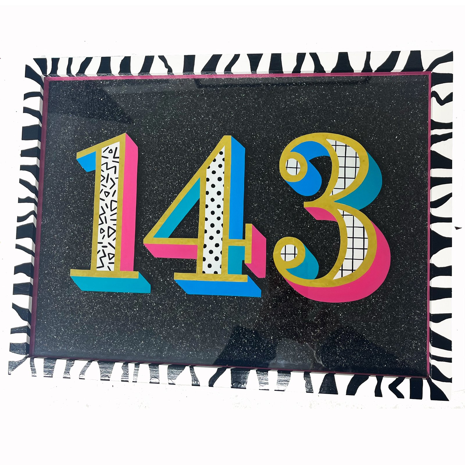 Retro-style number 143 in colourful, patterned design against a black background with a zebra print border by Signs of Power.
