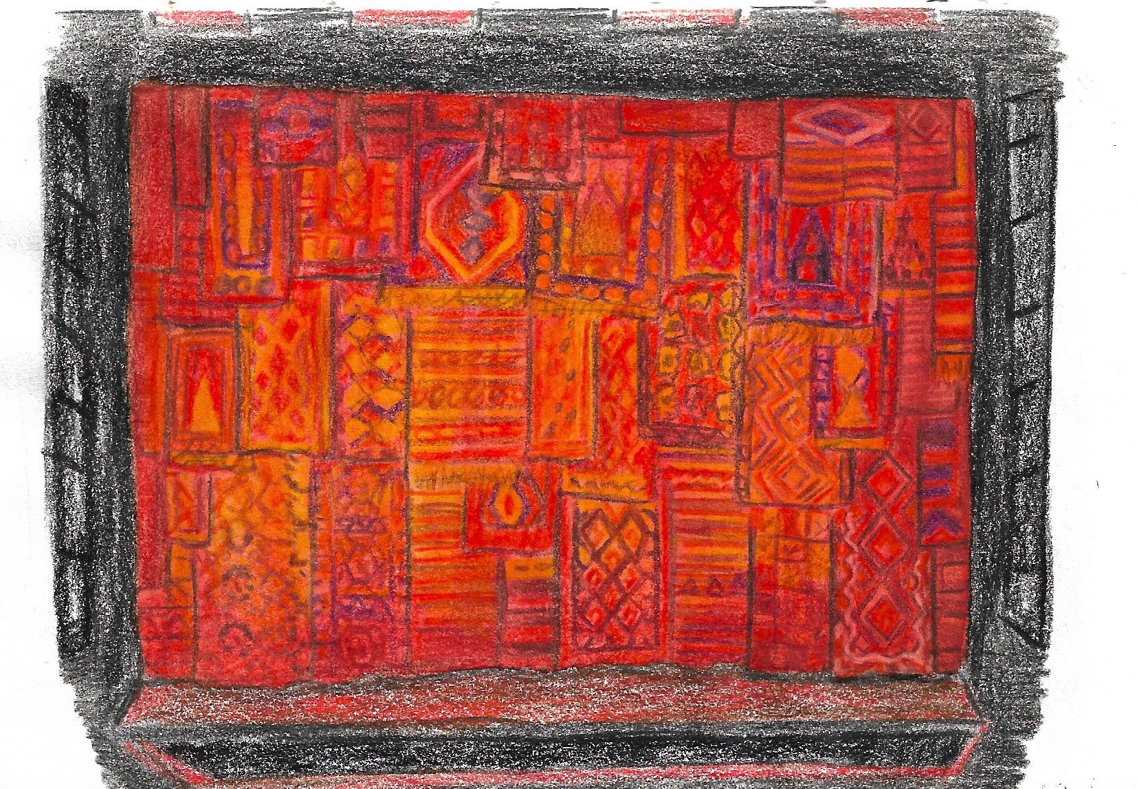 Coloured pencil and watercolour study of the curtain at the musical Aladdin from a picture I took when it came to Plymouth.