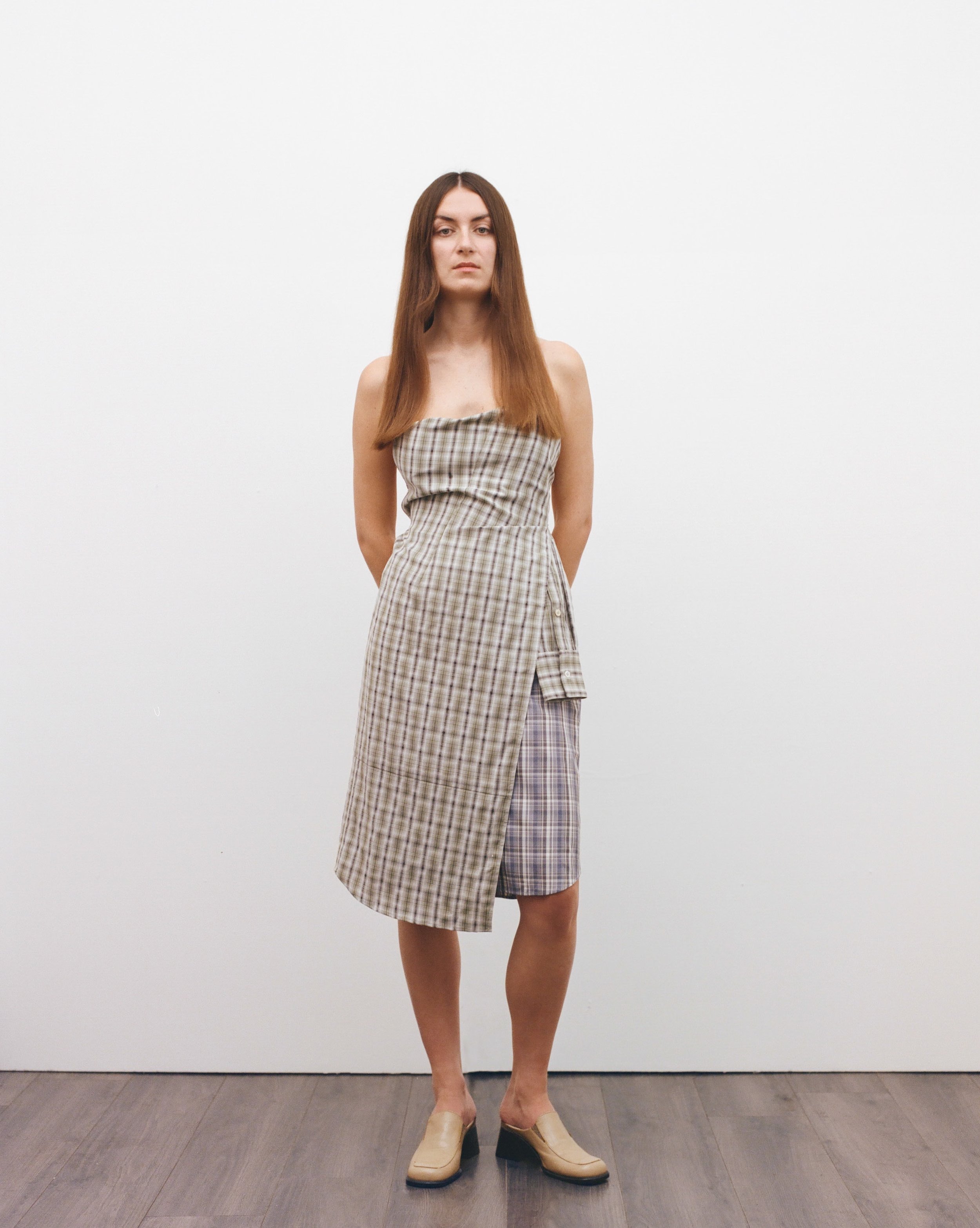 Look 10. Julia wears the Up-cycled Crash Dress crafted from two repurposed shirts sourced from Scope Totnes