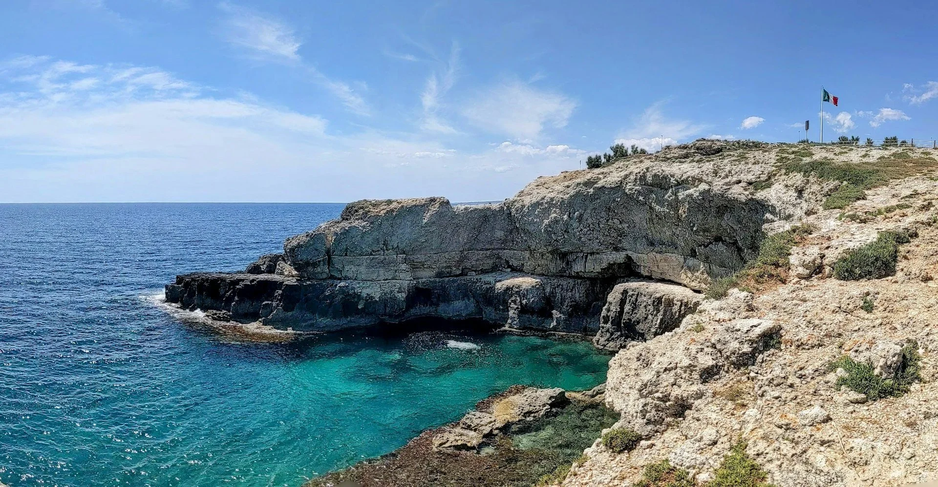 Rocky coastline and clear water at Punta Ristola, Santa Maria di Leuca, on the heel of Italy