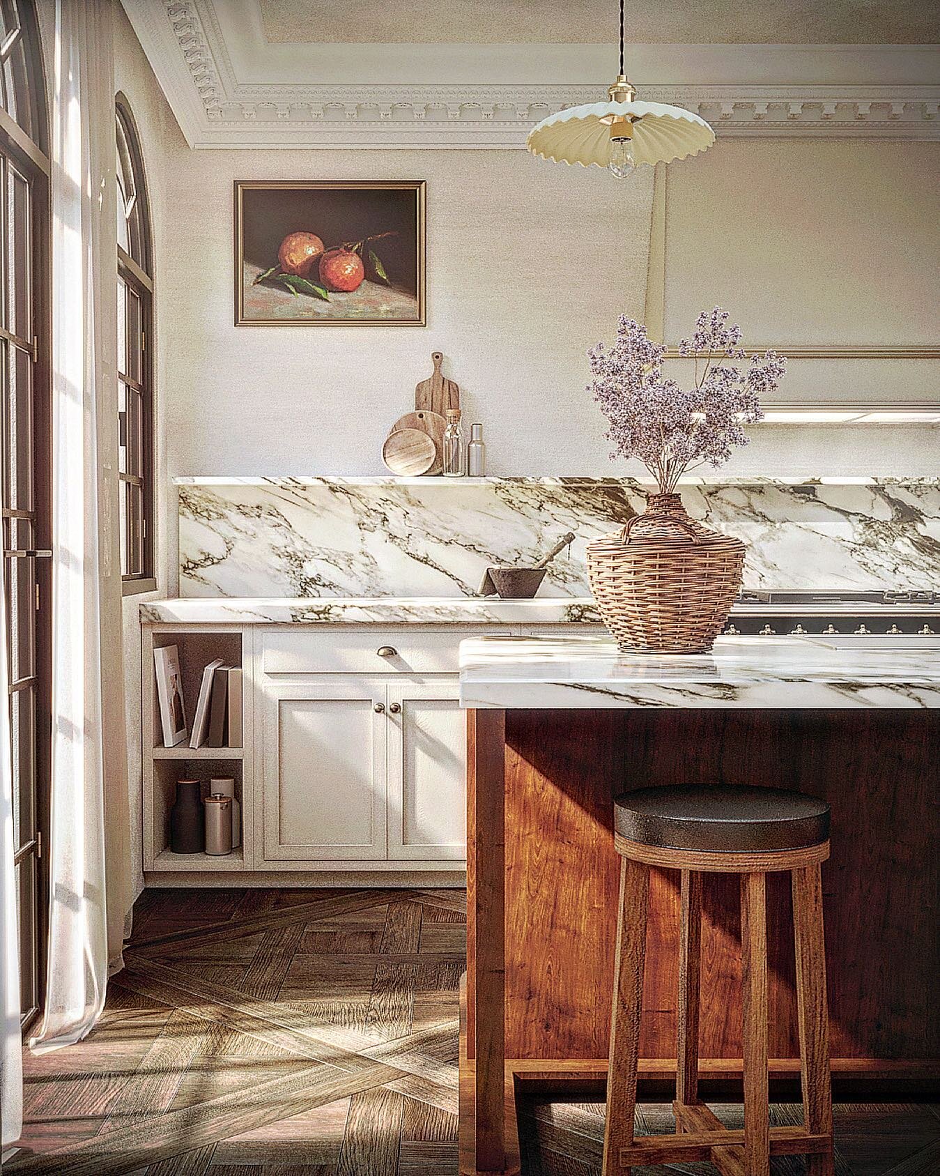 Timeless pairing of morning light and marble in our Chelsea townhouse kitchen 🤍