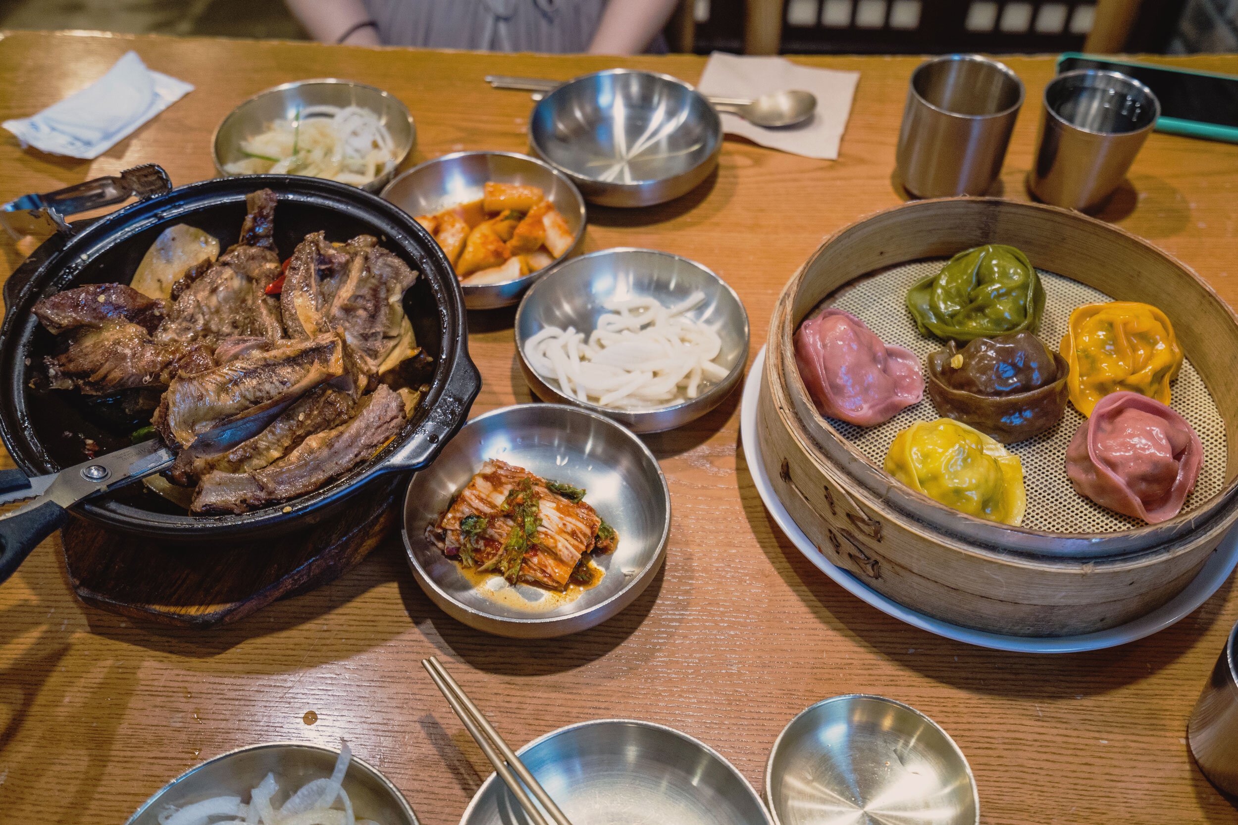 Lunch: Kalbi, colorful mandu, sides