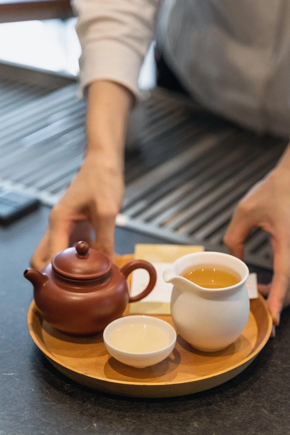 wooden tray with a teapot, tea pitcher and teacup in nihonbashi tokyo