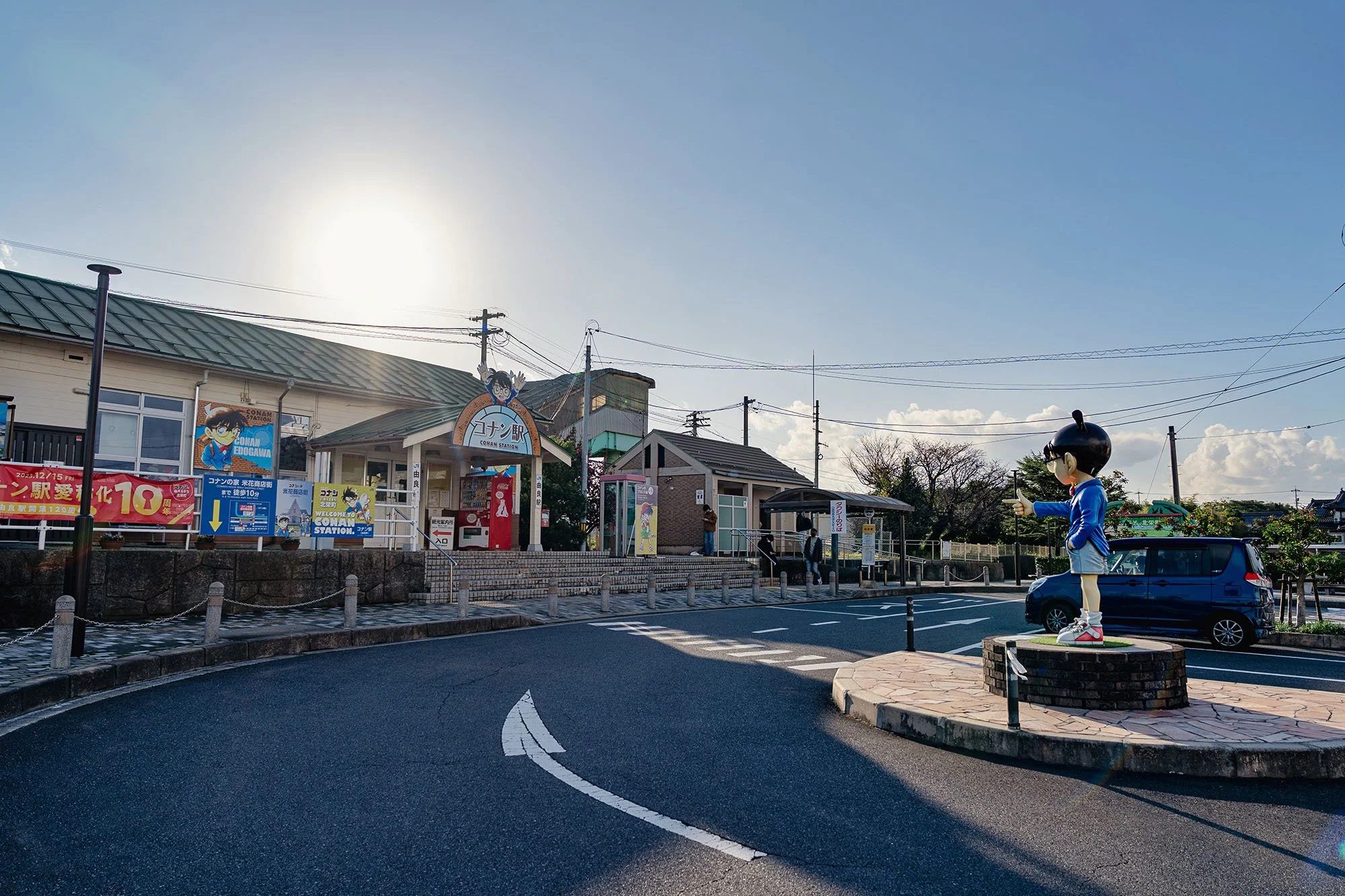 small train station in hokuei tottori japan with manga character detective conan statue