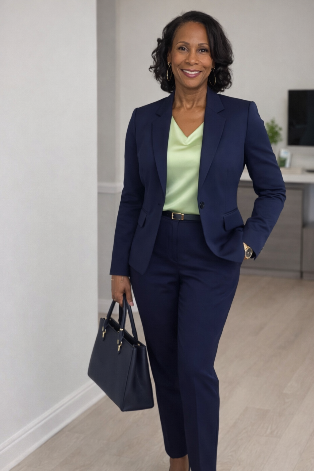A professional woman in a navy suit standing in an office with a smile, holding a navy handbag.