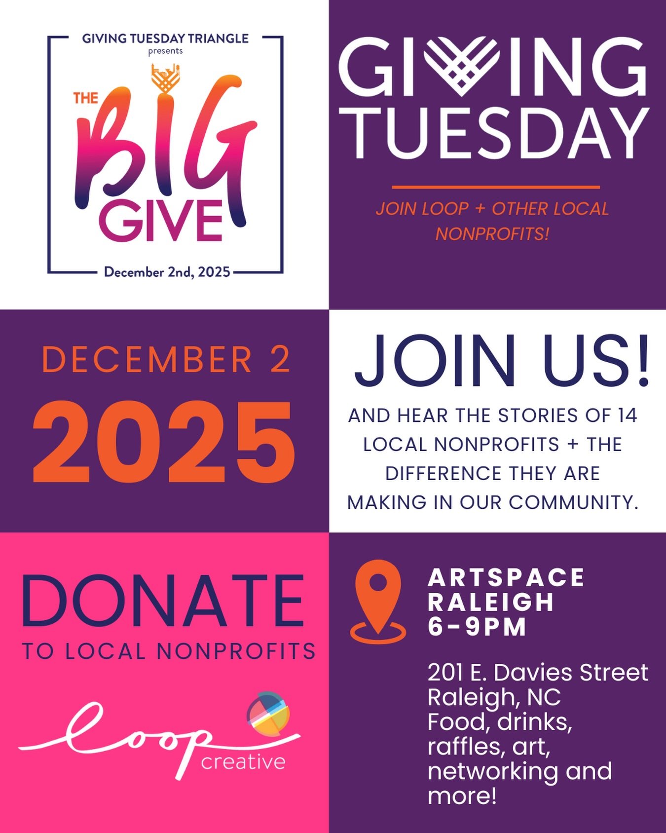 Today is #GIVINGTUESDAY and we are looking forward to celebrating 14 local #nonprofits tonight at THE BIG GIVE! Join us tonight @artspacenc from 6-9pm and learn more about these local nonprofits making a BIG difference in our community. Food, drink, 