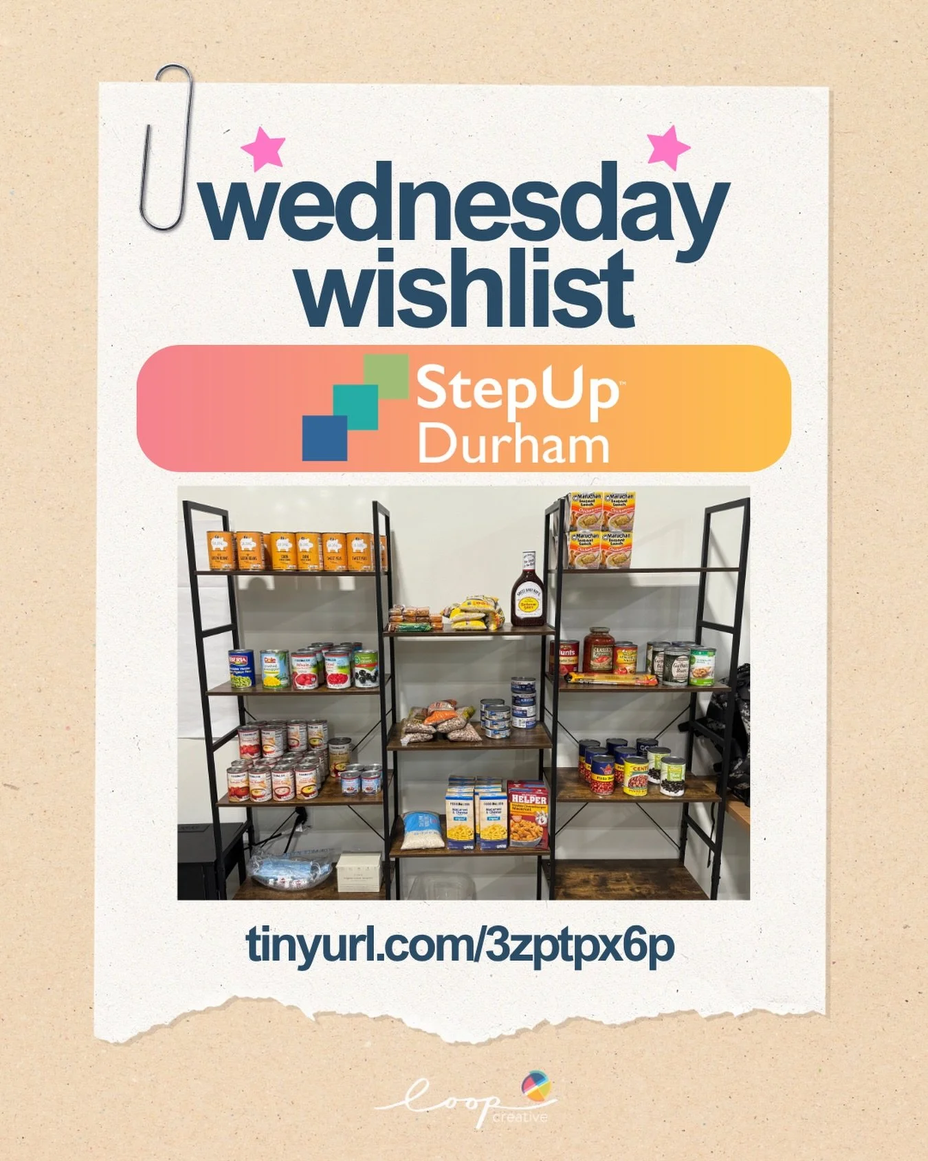 This #WishlistWednesday, we are spotlighting @stepupdurham . Did you know they have a food and essentials pantry? How can you help? They continuously need to be restocked for participants and families. 

Please consider helping them today with items 
