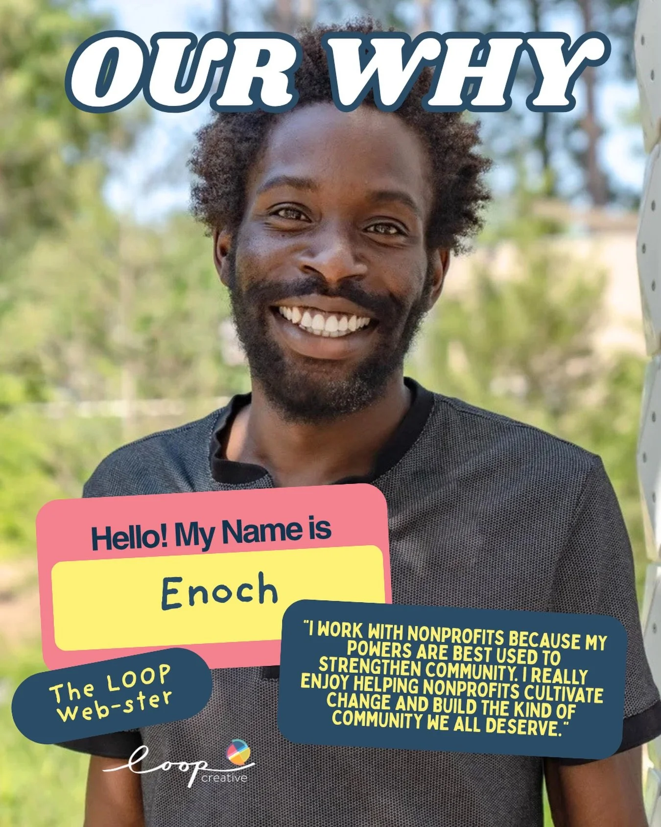 Enoch has been part of Loop since day one, bringing his seriously creative eye and just the right amount of edge to everything he does. As our website and graphic design guru, he&rsquo;s known for his talent, creativity, and infectious energy. When h