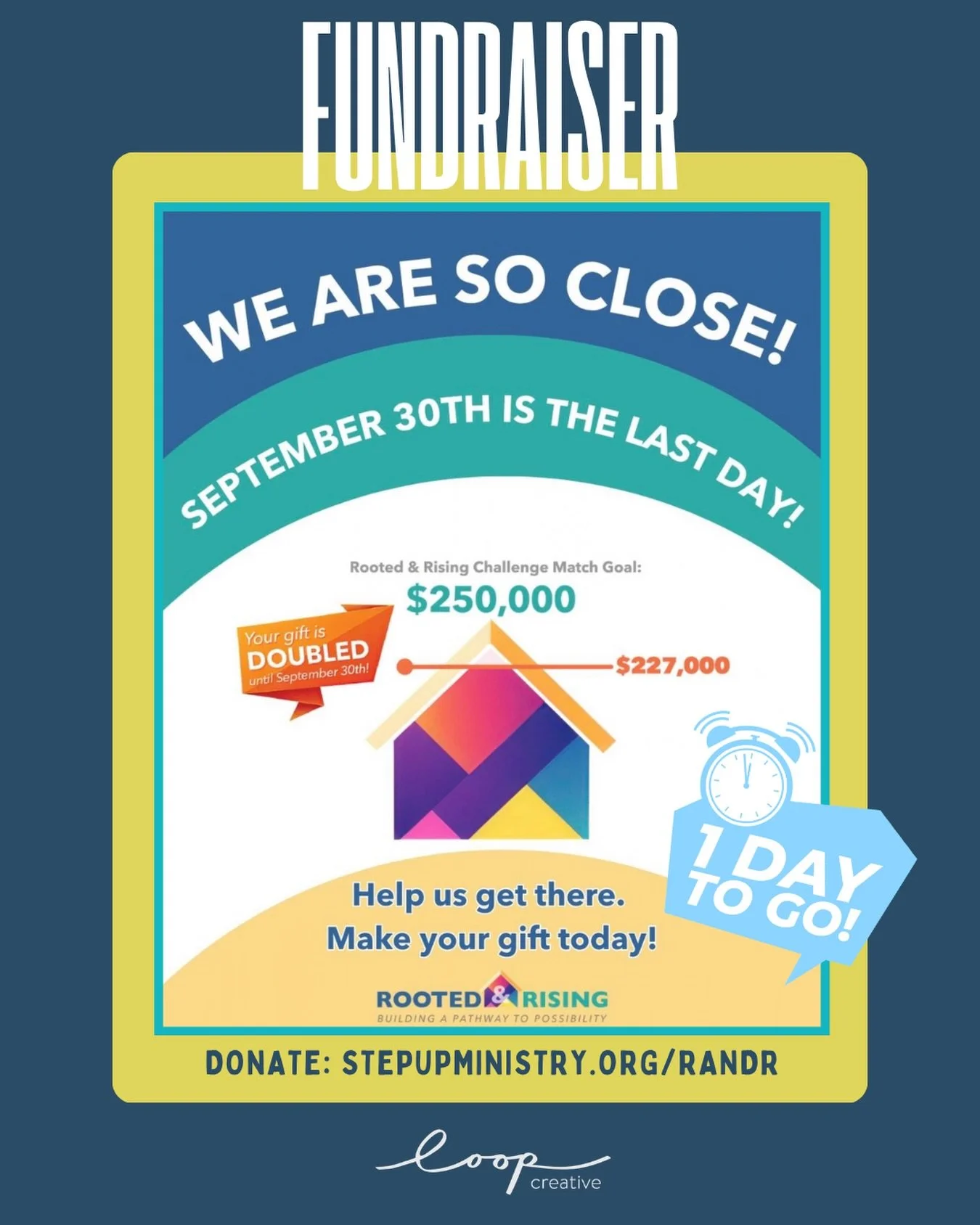 StepUp Ministry is 90% of the way to unlocking the full $250,000 match for their Rooted &amp; Rising campaign! TOMORROW, Sept 30th is the last day to close this gap! Every gift between now and then helps unlock the full match and helps open the doors