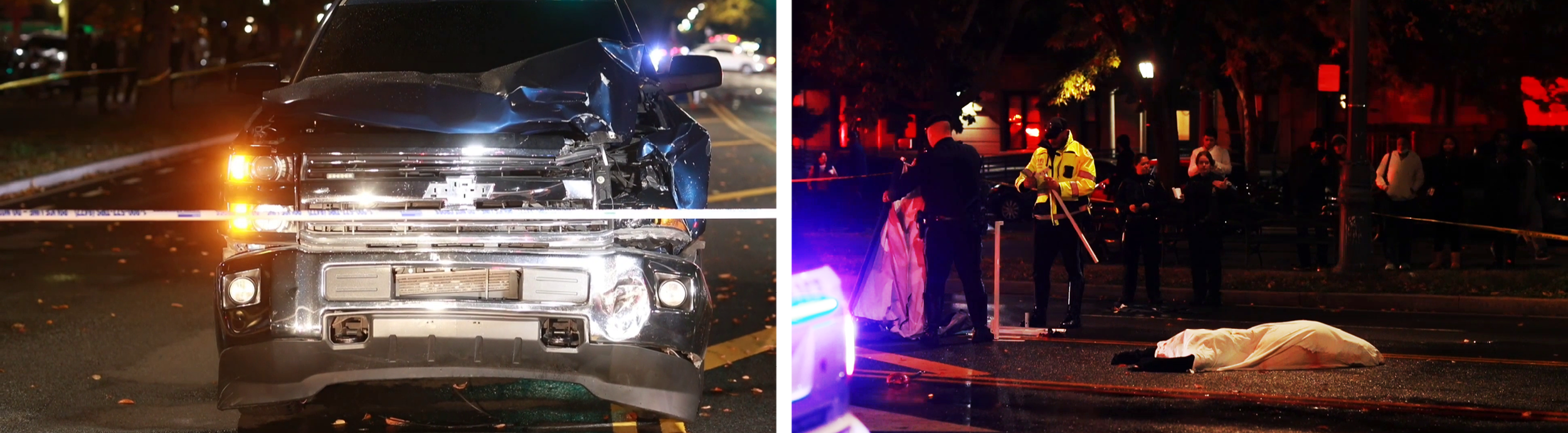 Two photographs. One shows the damaged front end of a large truck that struck and killed Walter Gonzalez. The other shows the aftermath of the crash.