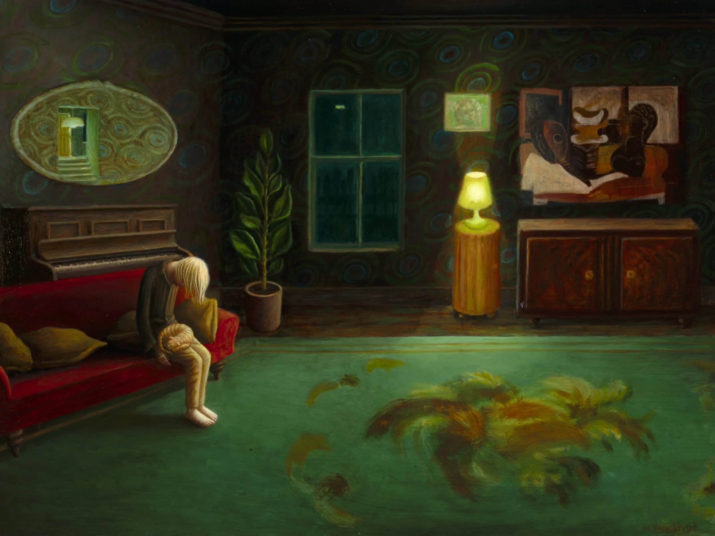 Helen Flockhart, ‘Cat on a Lap’, 2025. Oil on panel, 30.5cm x 40.5 cm