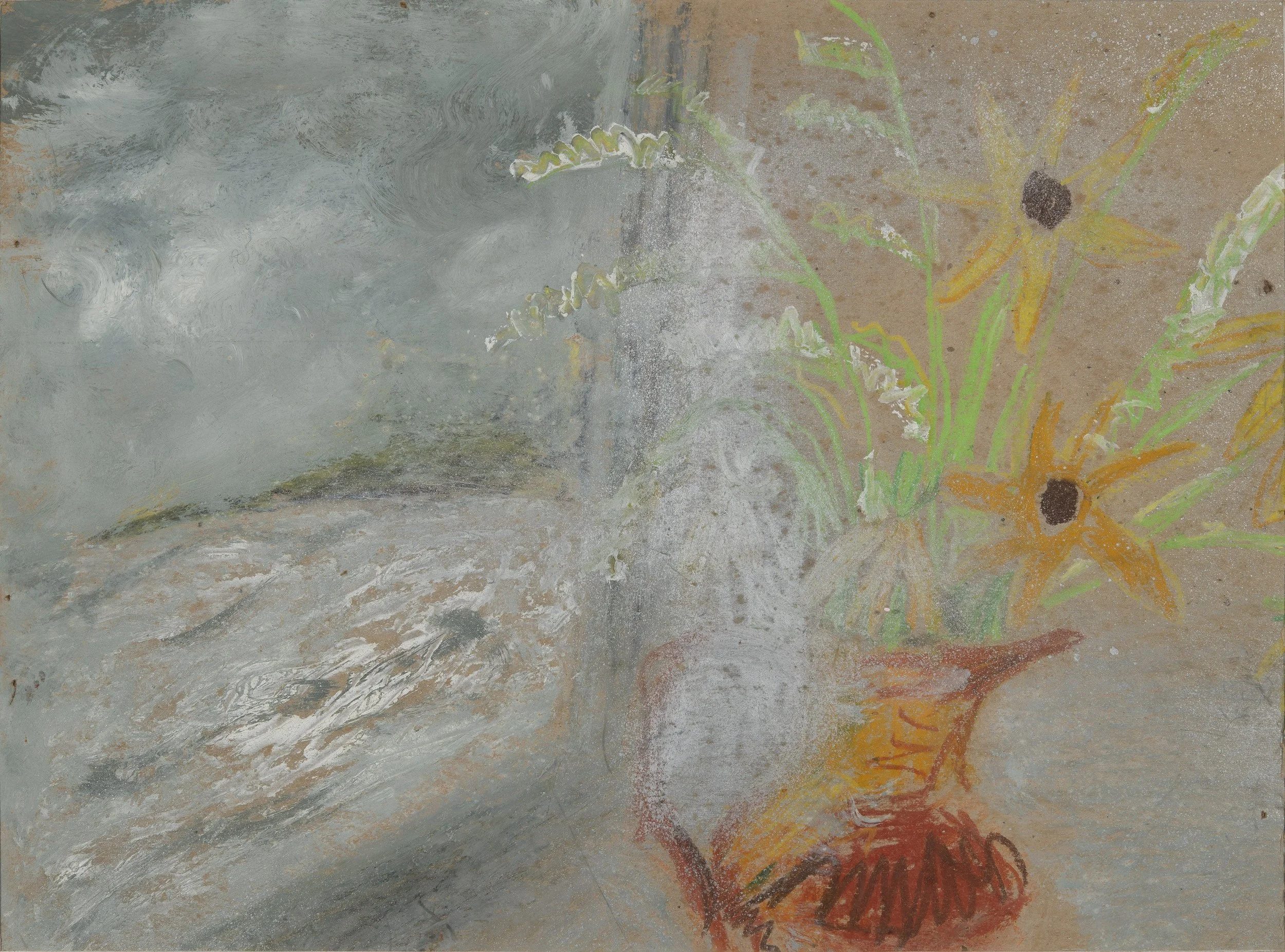 Winifred Nicholson (1893-1981), Storm light on Flowers, 1955. pastel, crayon, oil and silver paint on card, 31.5 x 42cm, signed and titled verso 