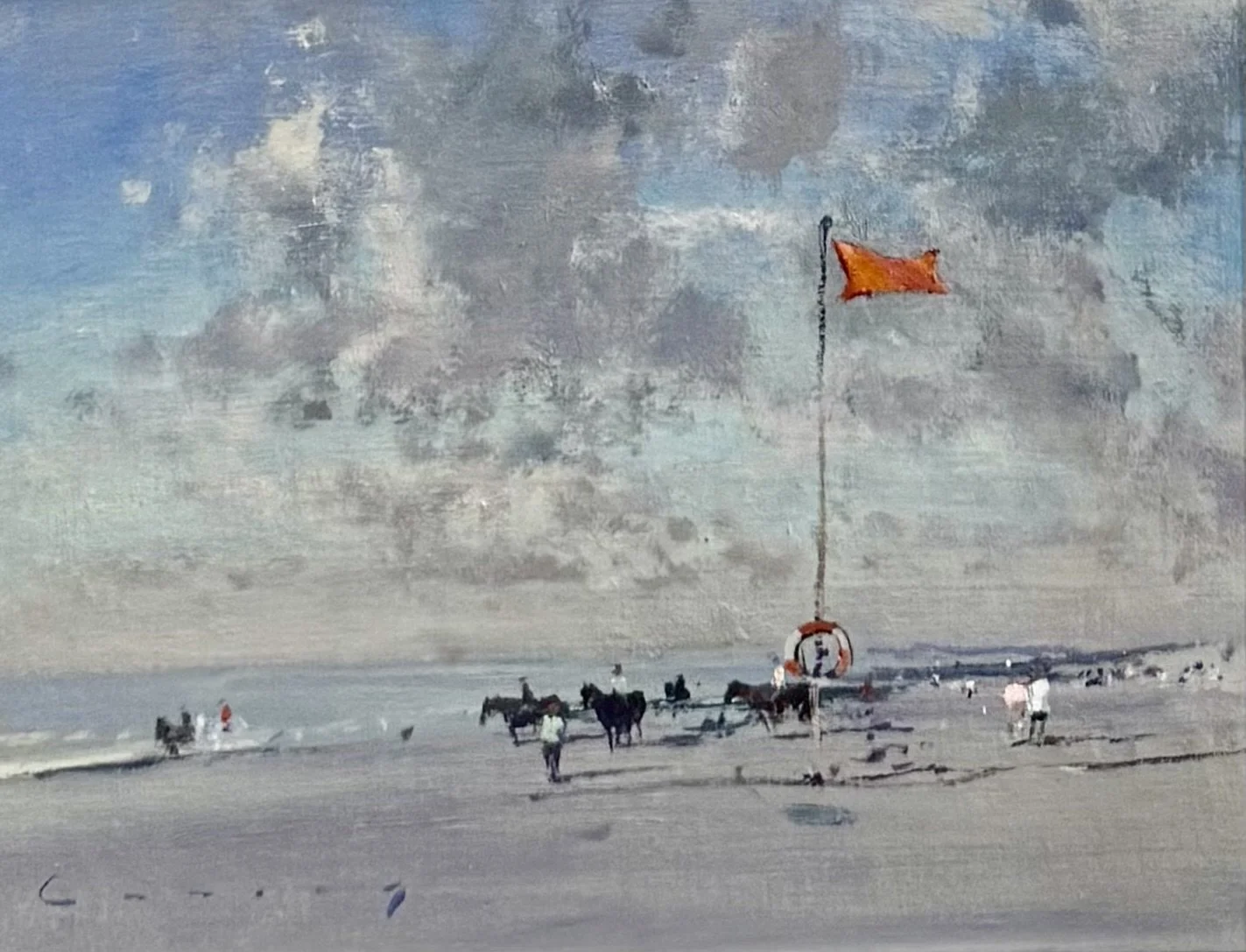 Frederick Cuming R.A (1930-2022), Riders by the Red Flag, signed, oil on board, 19.5cm x 24cm