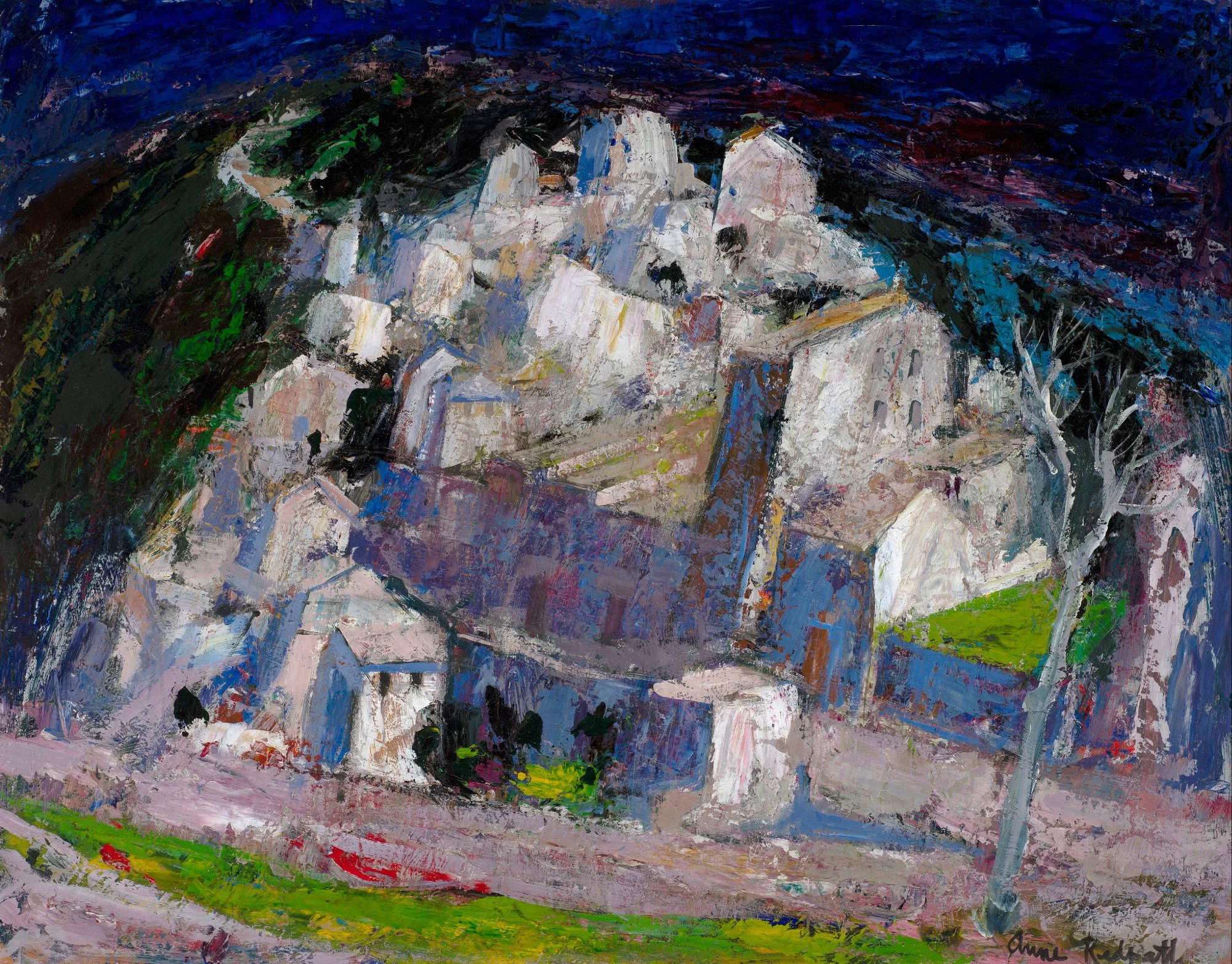 Anne Redpath (1895 - 1965), Hillside Village, Corsica. Oil on board, signed, 71 x 91 cm