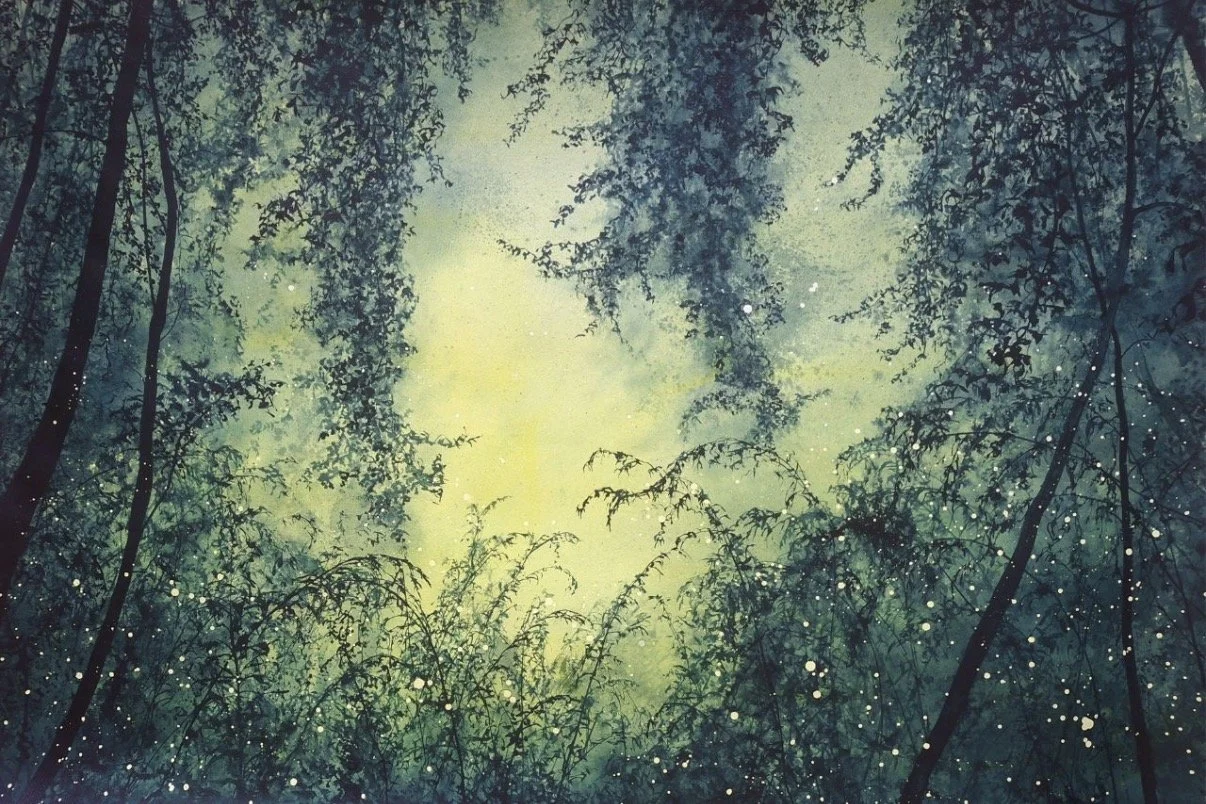 Alvaro Petritoli, Misty emerald fireflies. Ink on watercolour paper