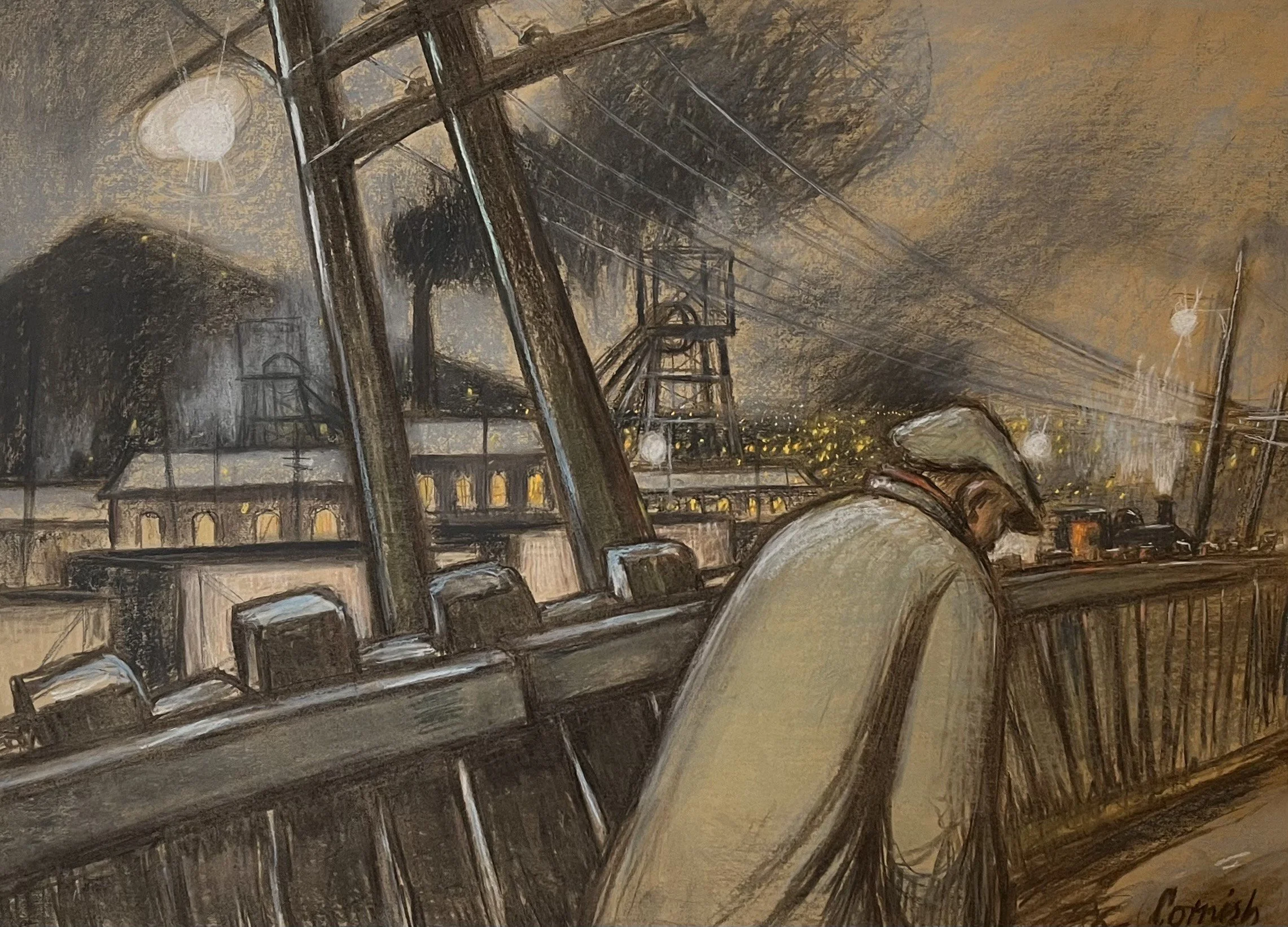 Norman Cornish (1919-2014), Colliery at night, Pit Road. Pastel on paper, 76 x 107 cm