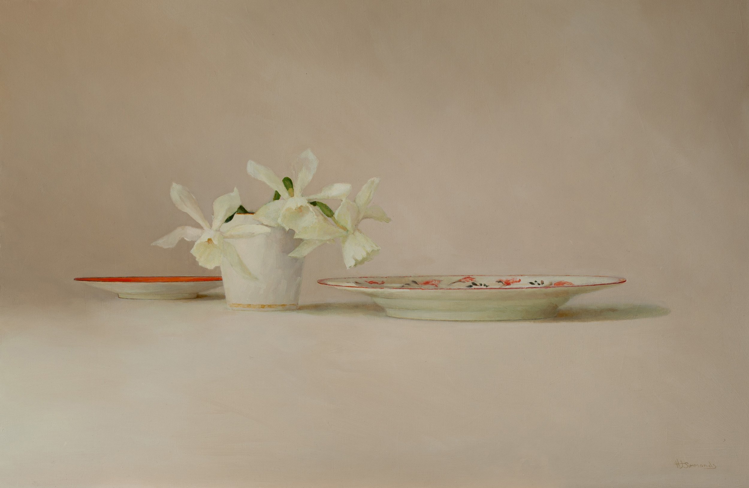 Helen Simmonds, Thalia and Patterned Plate, 2024. Oil on Board, 48 x 74 cm
