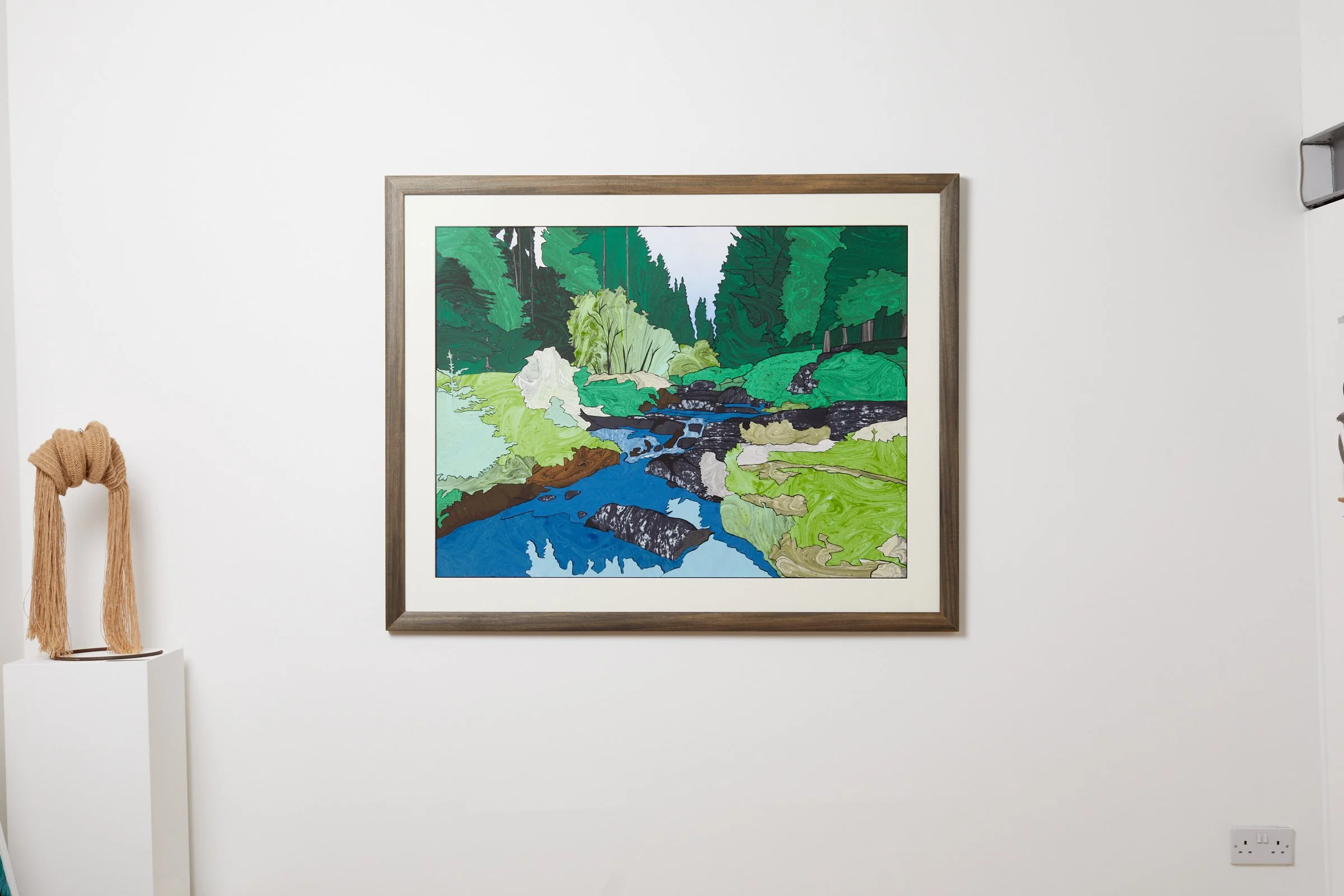Erin Hughes, The Large Source of The Severn, 2024. Hand-cut marbled paper, silk-screened paper, 110 x 136 x 4cm