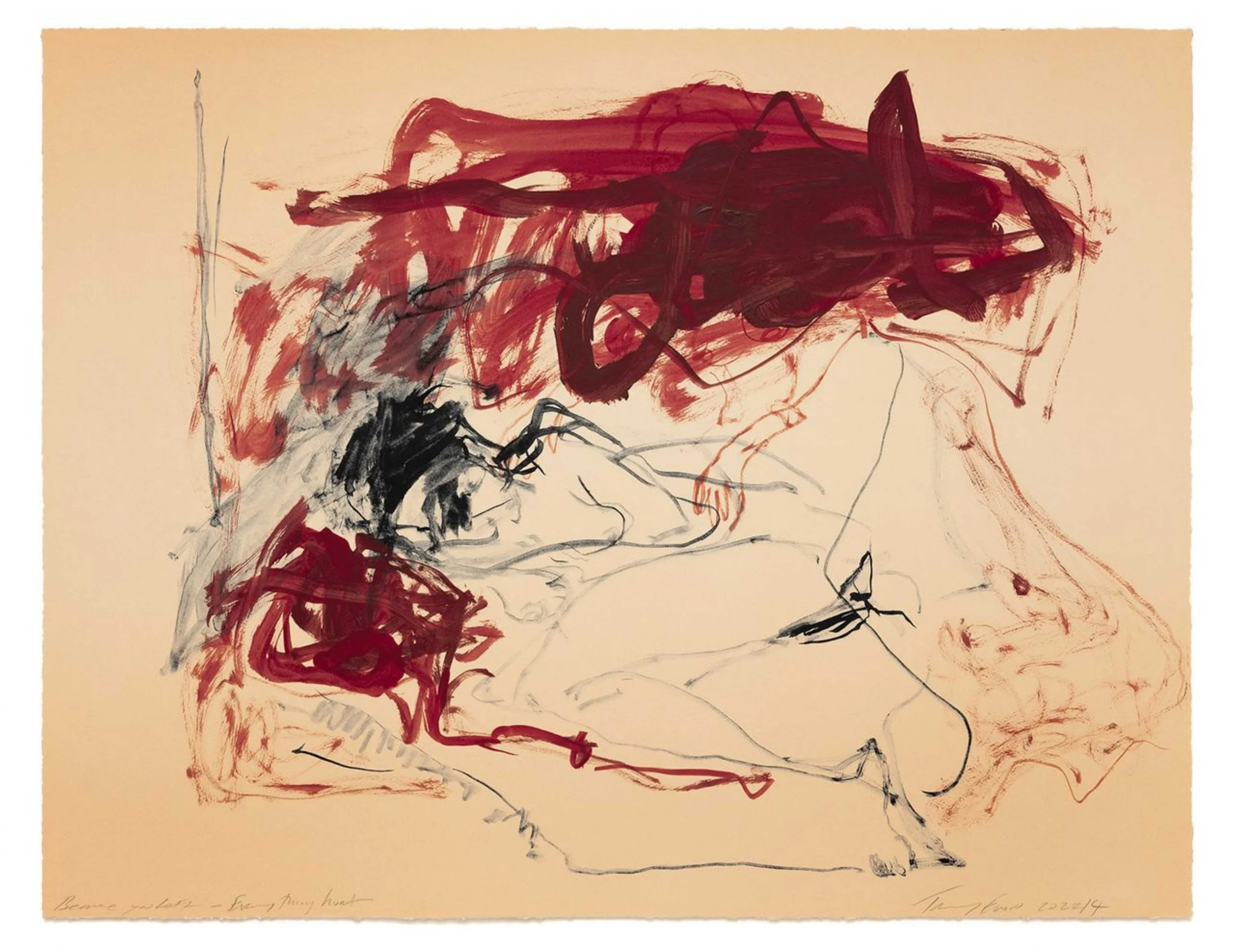 Tracey Emin (b.1963), Because you Left - Everything hurt, 2022-24. Hand painted acrylic on lithographic background, 65 x 84cm