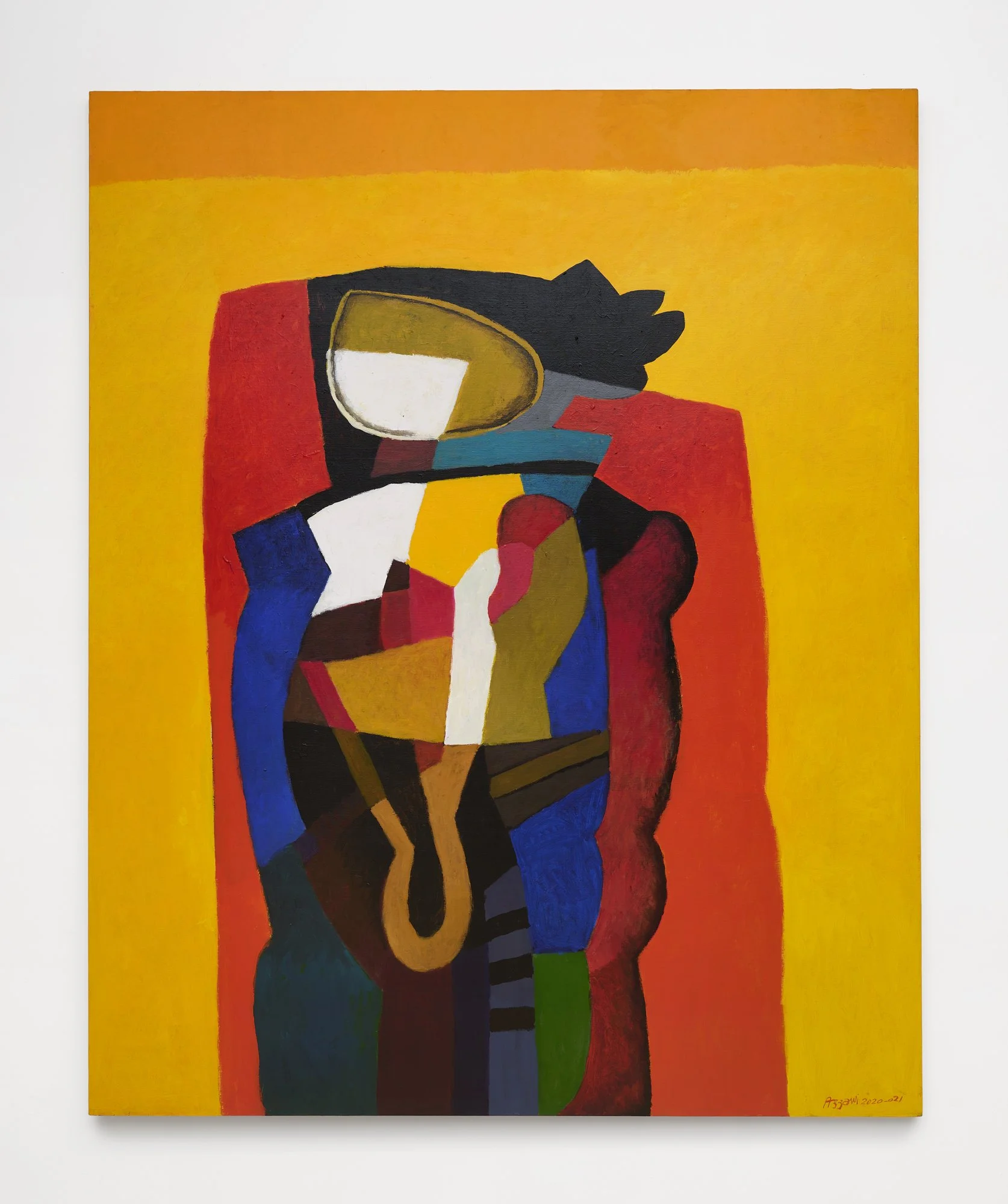 Dia al-Azzawi, Man in Yellow Field, 2020-2021, Acrylic on canvas, 210 x 170cm, (c) Dia al-Azzawi, Courtesy of Richard Saltoun Gallery London, Rome and New York