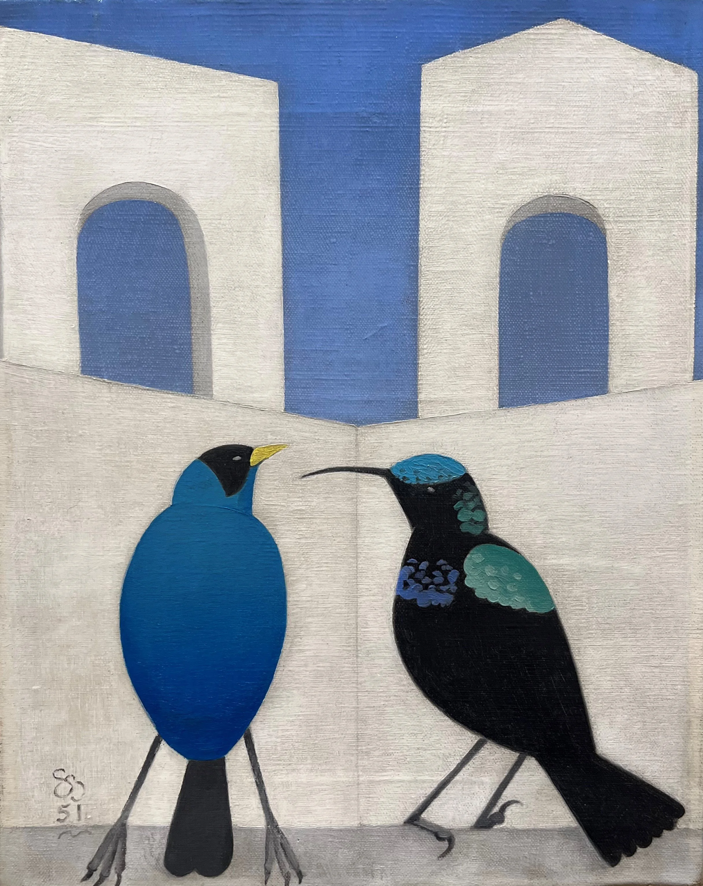 Simon Bussy (1870 - 1954), African Sunbird and Sugar Bird, 1951. Oil on canvas, 27.4 x 21.6 cm