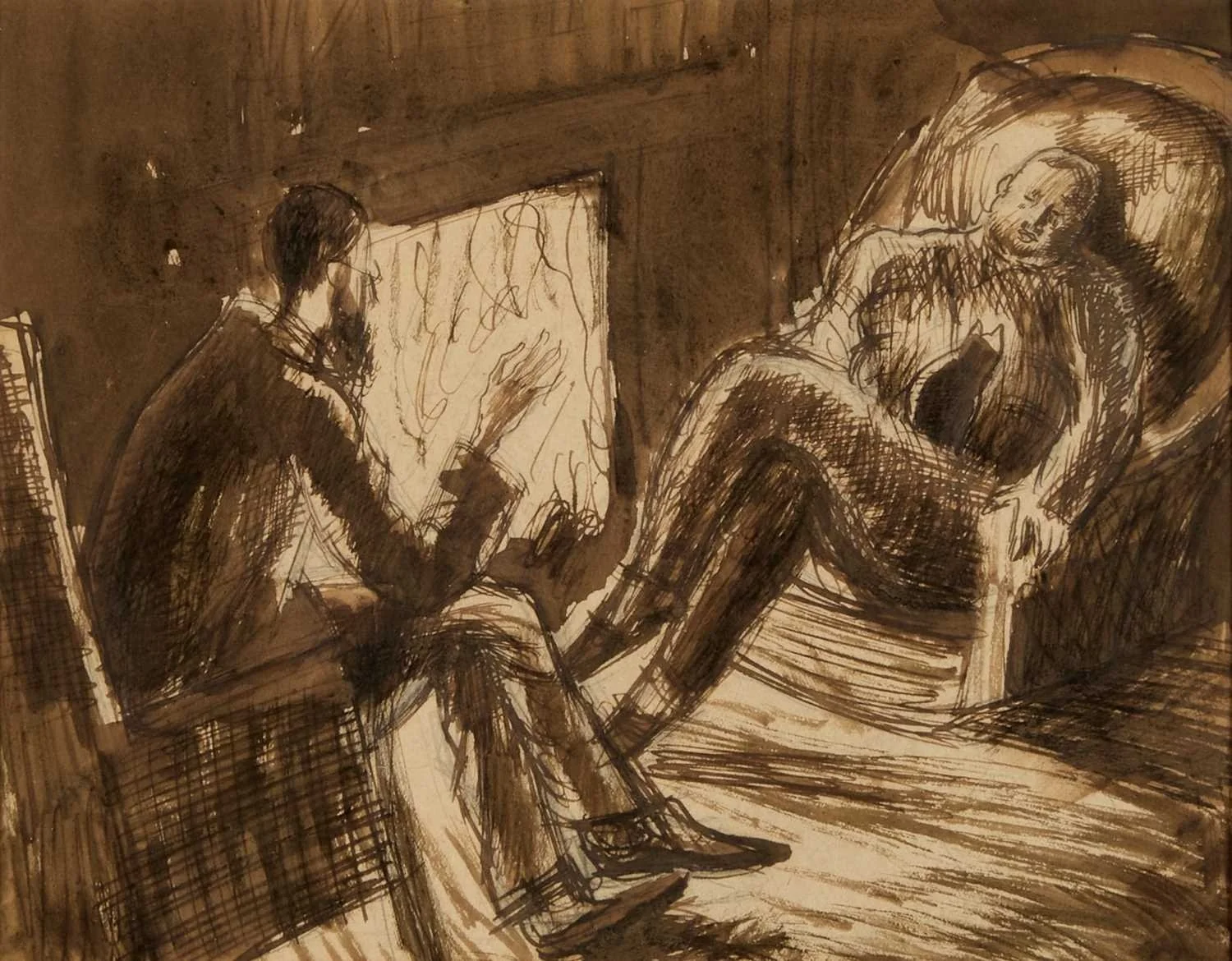 Dora Carrington (1893-1932), Lytton Strachey and Boris Anrep – a Discussion by Firelight at Ham Spray, c.1927. Pen with wash and sepia ink, 17.5 x 22.5cm