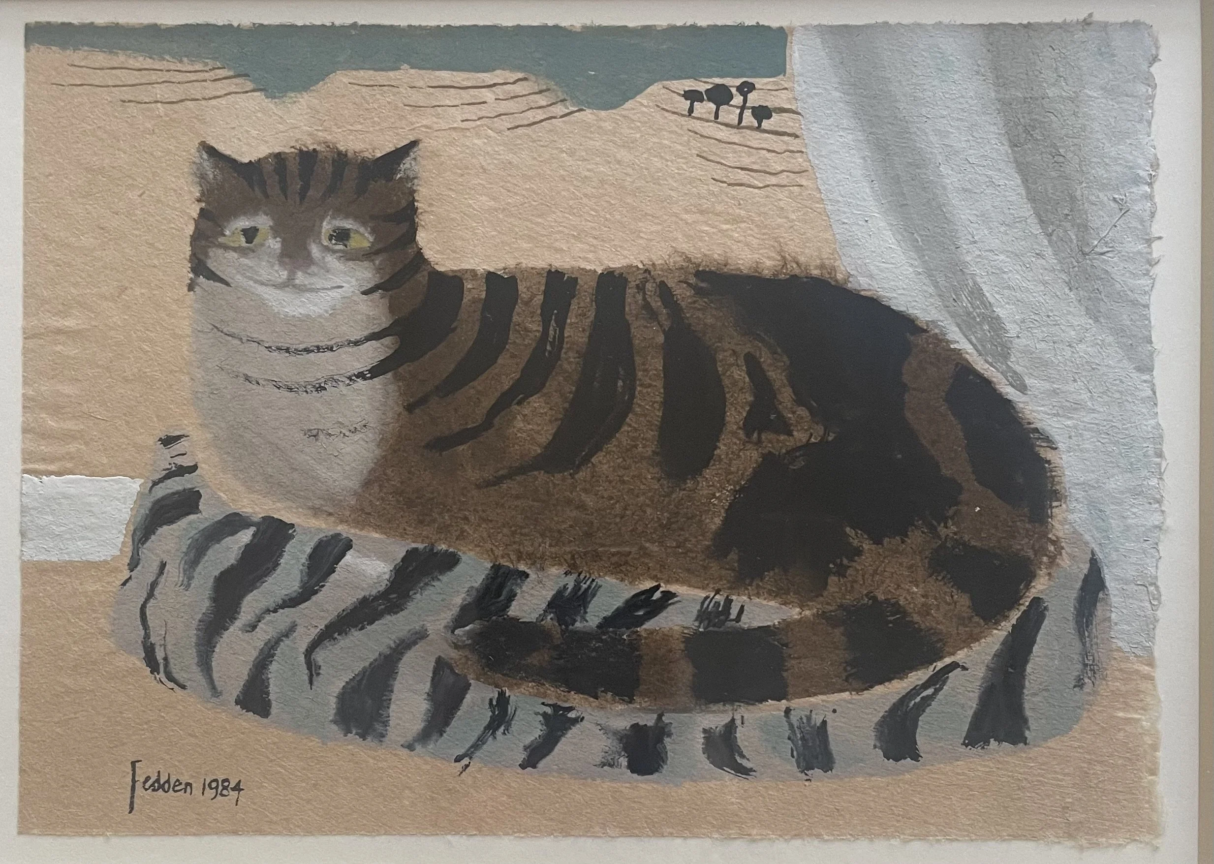 Mary Fedden OBE RA (1915 -2012), Cat in a basket. Watercolour, 6 x 8in